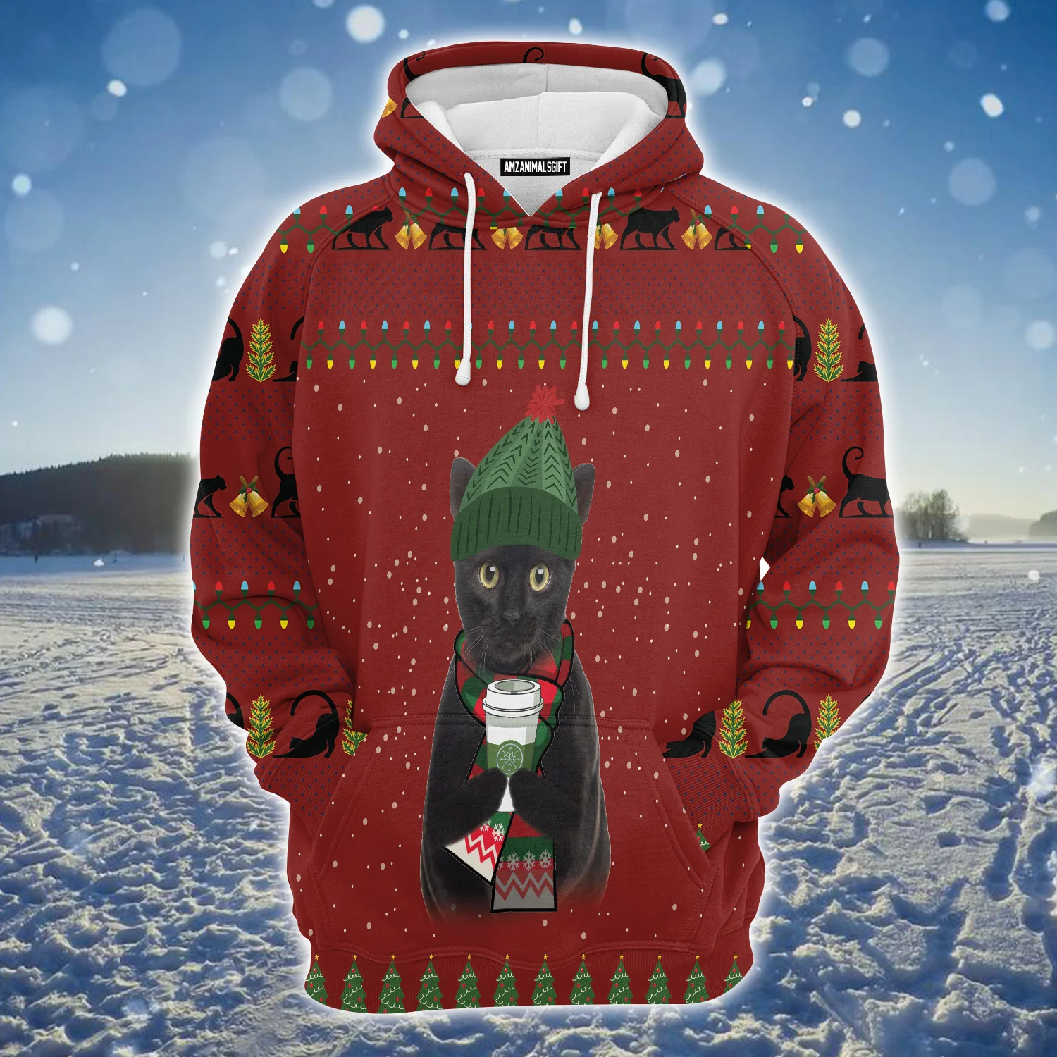 Black Cat Premium Christmas Hoodie, Cat Drink Coffee Unisex Hoodie For Men & Women - Perfect Gift For Christmas, Black Cat Lovers, Coffee Lovers - Image 2