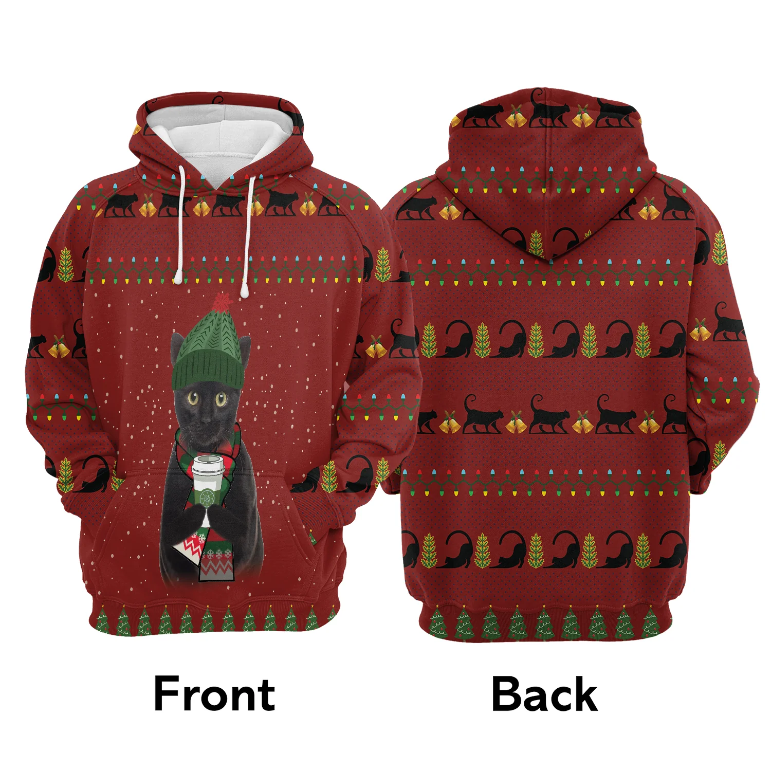 Black Cat Premium Christmas Hoodie, Cat Drink Coffee Unisex Hoodie For Men & Women - Perfect Gift For Christmas, Black Cat Lovers, Coffee Lovers - Image 3