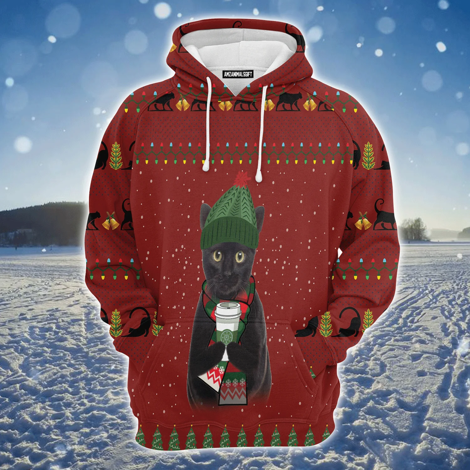 Black Cat Premium Christmas Hoodie, Cute Black Cat Coffee Unisex Hoodie For Men & Women - Perfect Gift For Christmas, Black Cat Lover