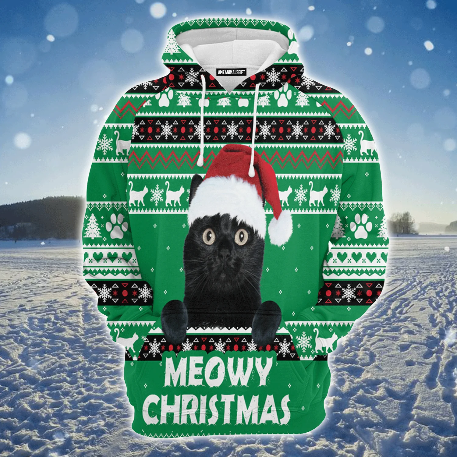 Black Cat Premium Christmas Hoodie, Meowy Black Cat Christmas Unisex Hoodie For Men & Women - Perfect Gift For Christmas, Black Cat Lovers