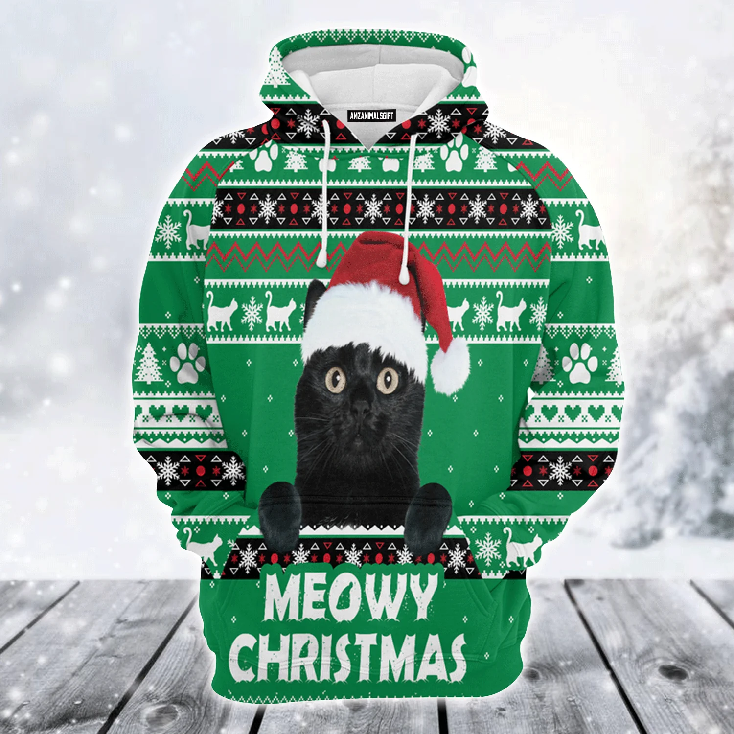 Black Cat Premium Christmas Hoodie, Meowy Black Cat Christmas Unisex Hoodie For Men & Women - Perfect Gift For Christmas, Black Cat Lovers - Image 2