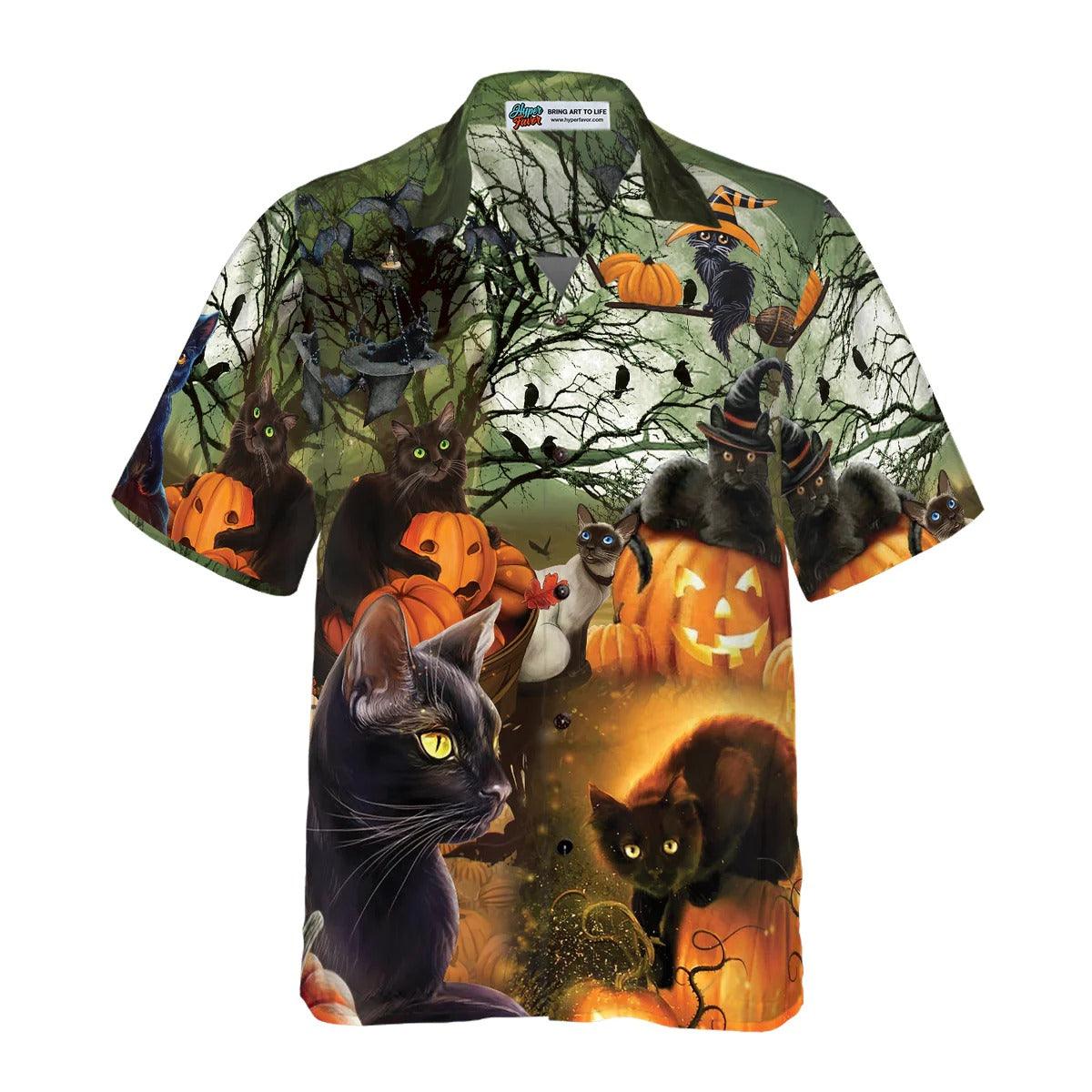 Black Cat & The Pumpkin Halloween Hawaiian Shirt, Halloween Shirt For Men And Women - Perfect Gift For Lover, Friend, Family - Image 2