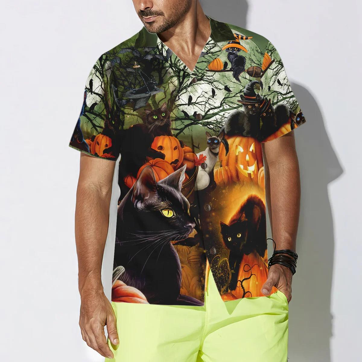 Black Cat & The Pumpkin Halloween Hawaiian Shirt, Halloween Shirt For Men And Women - Perfect Gift For Lover, Friend, Family - Image 4