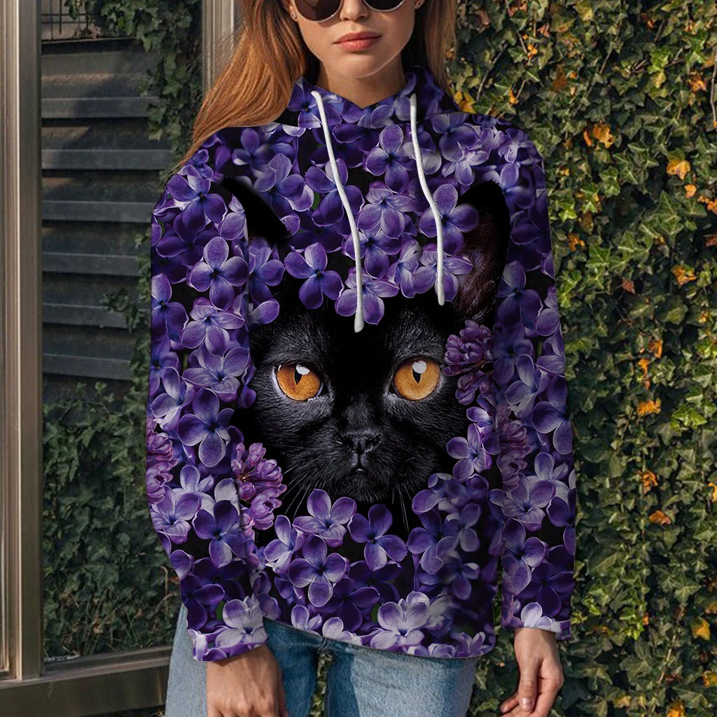 Black Cat Violet Flowers Pullover Premium Hoodie, Perfect Outfit For Men And Women On Christmas New Year Autumn Winter - Image 2