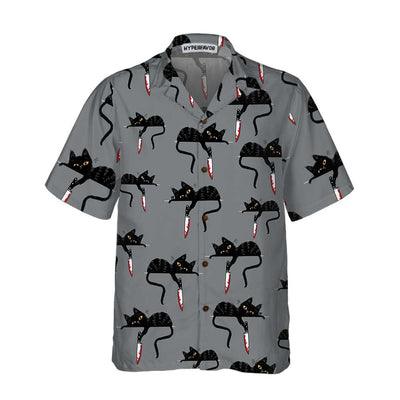 Black Cat With Knife Hawaiian Shirt, Funny Black Cat Shirt For Men - Perfect Gift For Men, Cat Lovers, Husband, Boyfriend, Friend, Family - Image 2