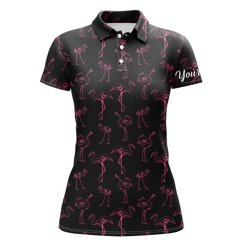 Black Flamingo Custom Name Women Polo Shirt, Neon Pink Flamingos Pattern Personalized Women Polo Shirts, Best Gift For Female, Flamingo Lovers - Image 2