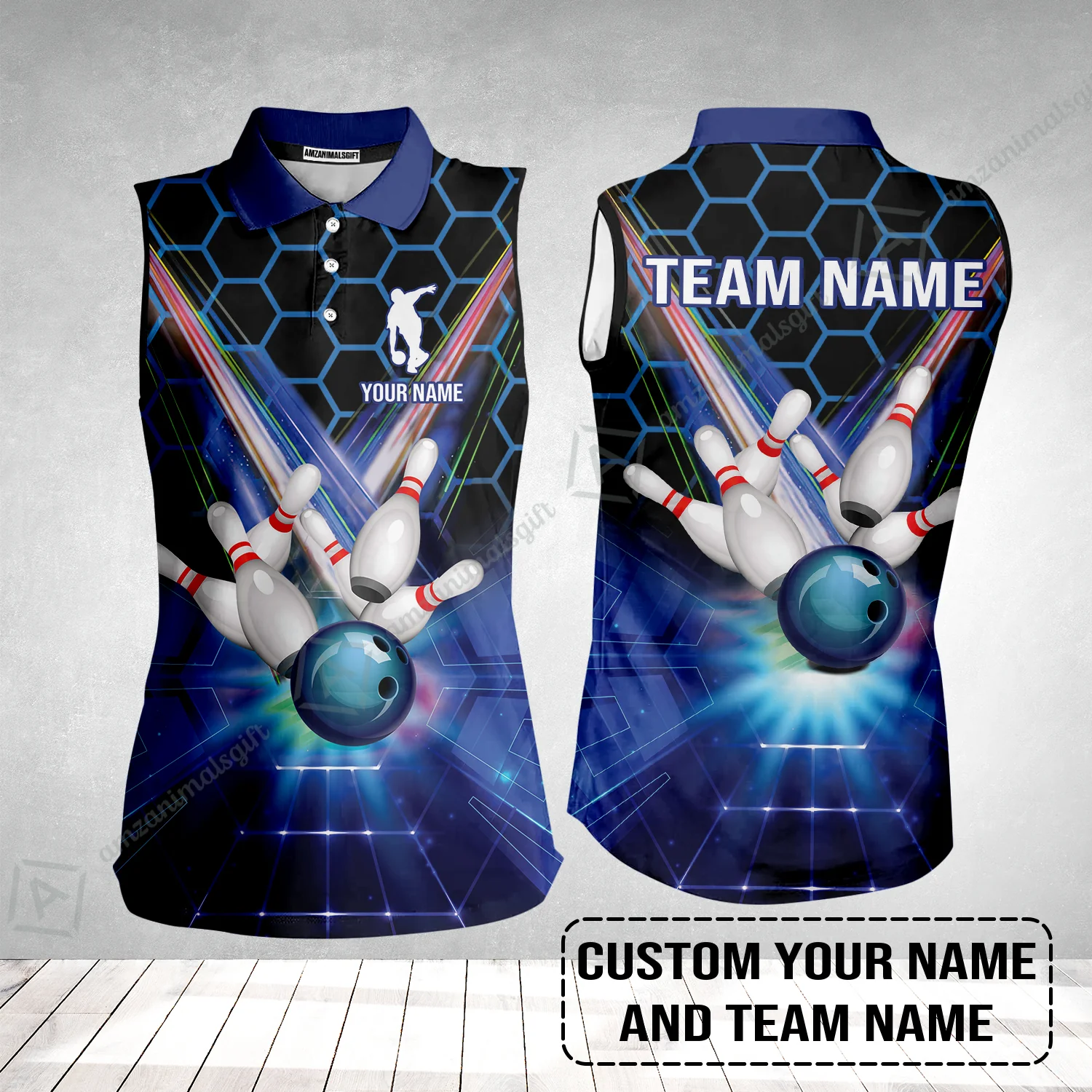 Blue Bowling Custom Women Sleeveless Polo Shirt, Bowling Personalized Women Sleeveless Polo Shirt, Bowling Shirt Custom Name and Team Name - Image 2