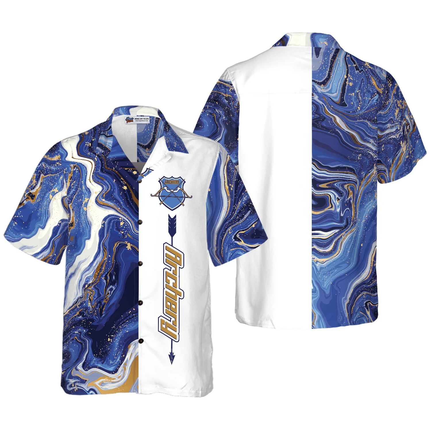 Blue Marble And Gold Archery Hawaiian Shirt, Colorful Summer Aloha Shirt For Men Women, Perfect Gift For Friend, Family, Team, Archery Lovers