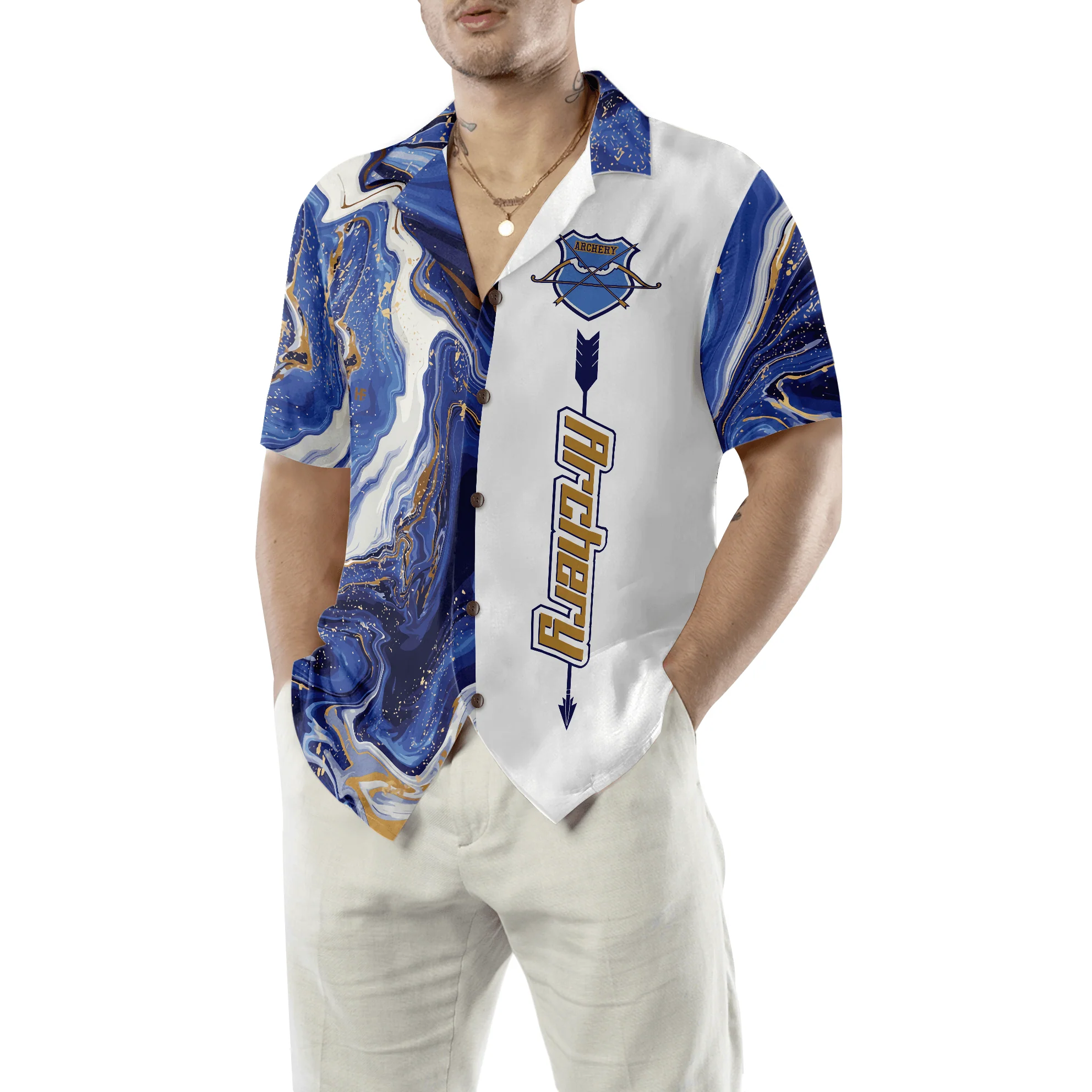 Blue Marble And Gold Archery Hawaiian Shirt, Colorful Summer Aloha Shirt For Men Women, Perfect Gift For Friend, Family, Team, Archery Lovers - Image 5