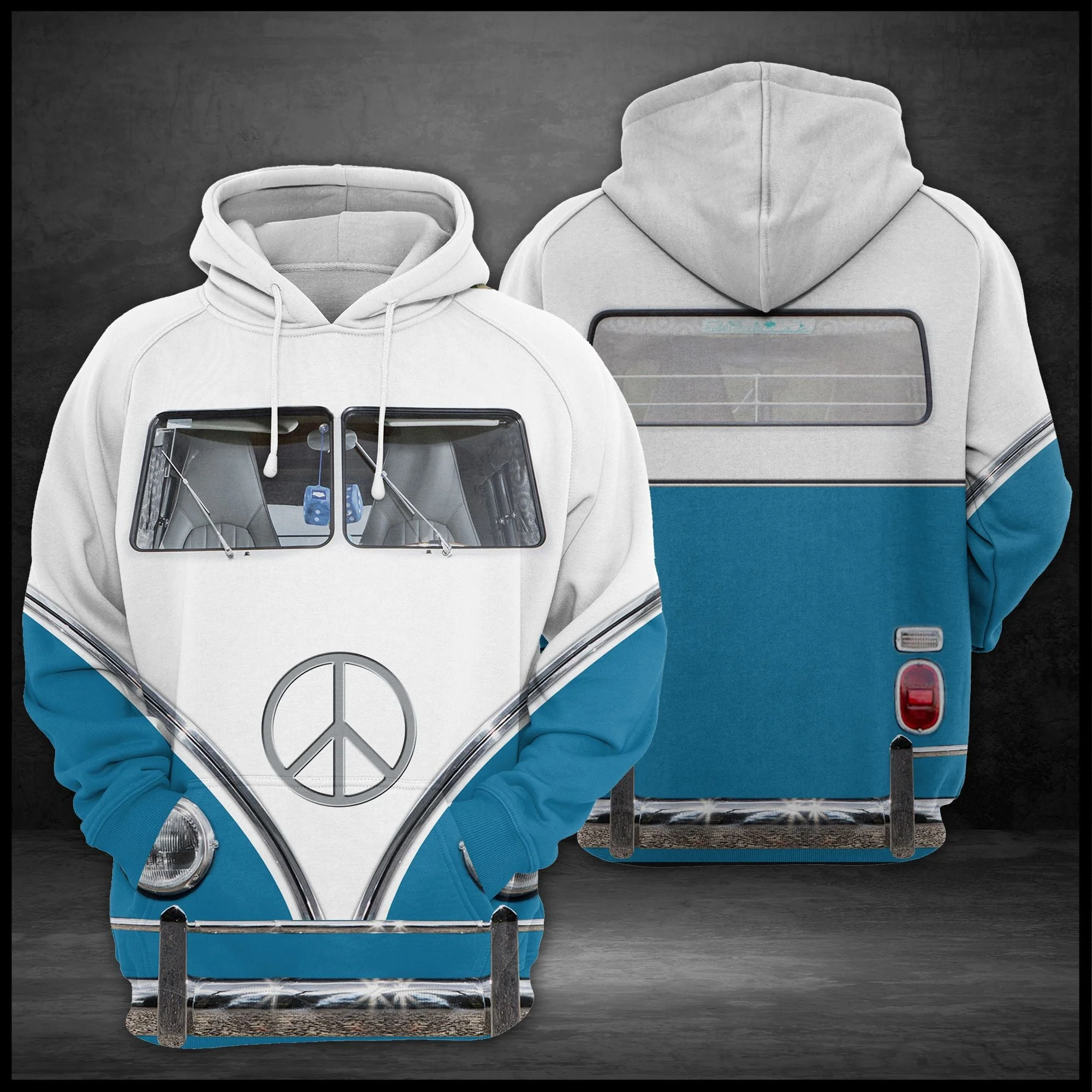 Blue & White Hippie Bus Pullover Premium Hoodie, Perfect Outfit For Men And Women On Christmas New Year Autumn Winter - Image 2