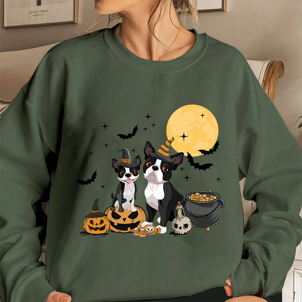 Boston Terrier Sweatshirt, Ghost And Witch Boston Terrier Moon Shirt, Boston Terrier Halloween Sweatshirt - Image 3