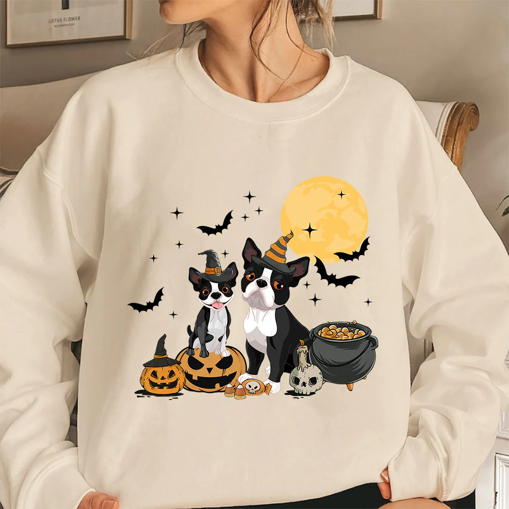 Boston Terrier Sweatshirt, Ghost And Witch Boston Terrier Moon Shirt, Boston Terrier Halloween Sweatshirt - Image 4
