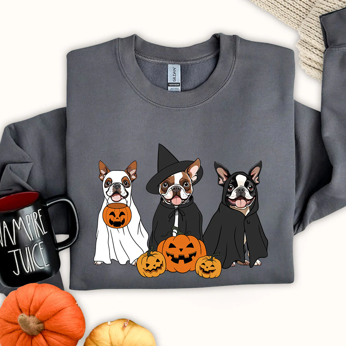 Boston Terrier Sweatshirt, Ghost and Witch Boston Terrier Shirt, Boston Terrier Halloween Sweatshirt - Image 2