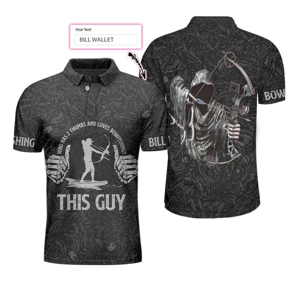 Bowfishing Polo Shirt For Men, Who Has 2 Thumbs And Loves Bowfishing Custom, Fish Skeleton Pattern Archer Reaper Polo Shirt, Best Fishing Shirt For Men - Image 2