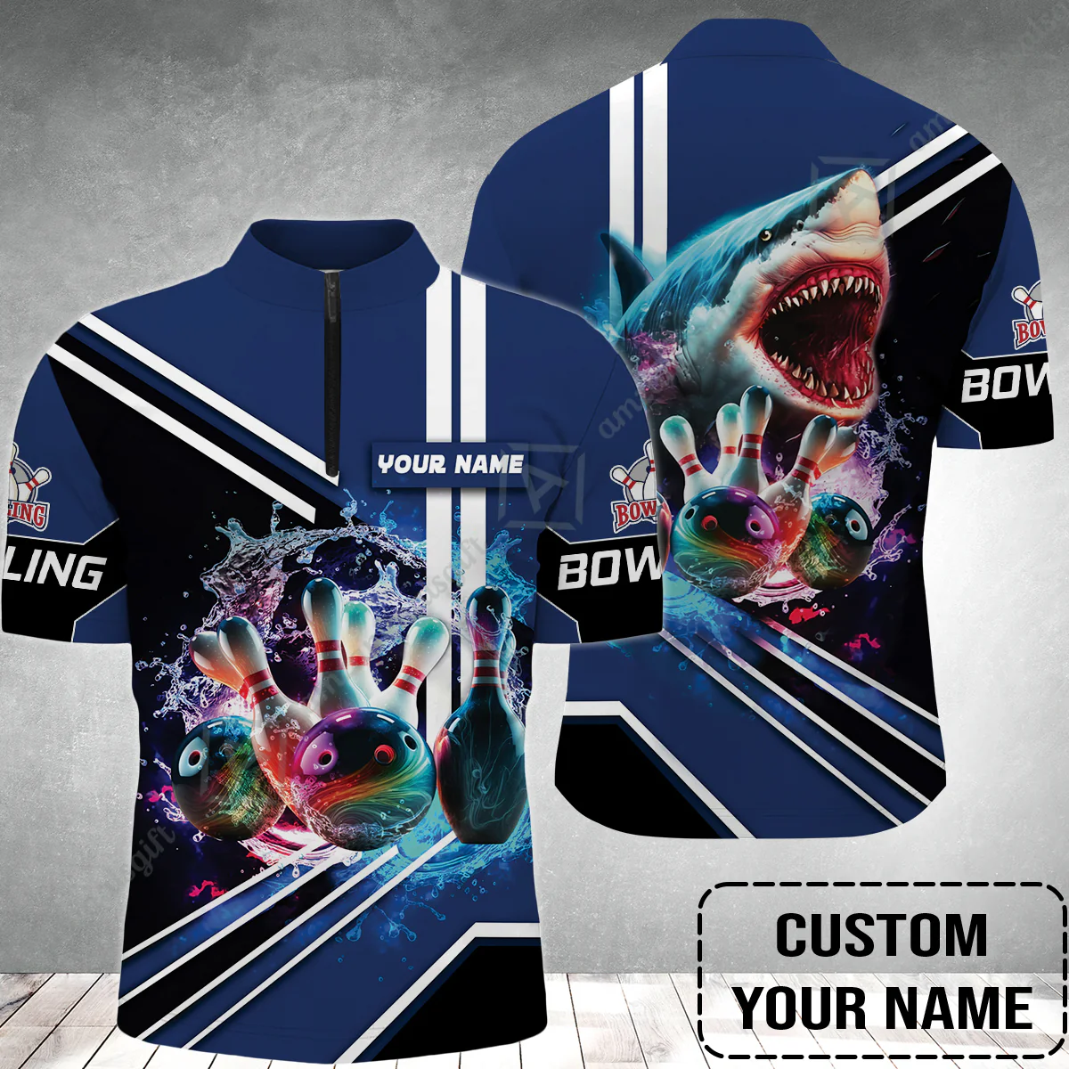 Bowling Custom Bowling Jersey - Custom Name Shark Team Rainbow Bowling Ball And Pins On Water Personalized Bowling Jersey - Image 2