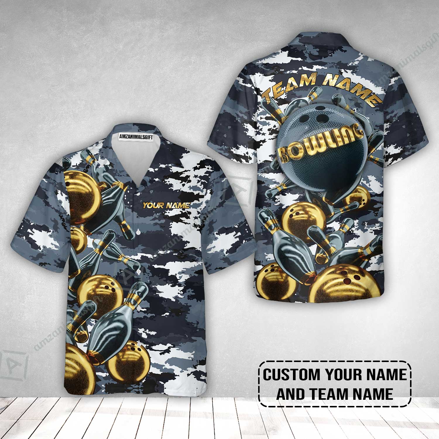 Bowling Custom Hawaiian Shirt - Custom Name Camo Navy Personalized Bowling Hawaiian Shirt - Image 2