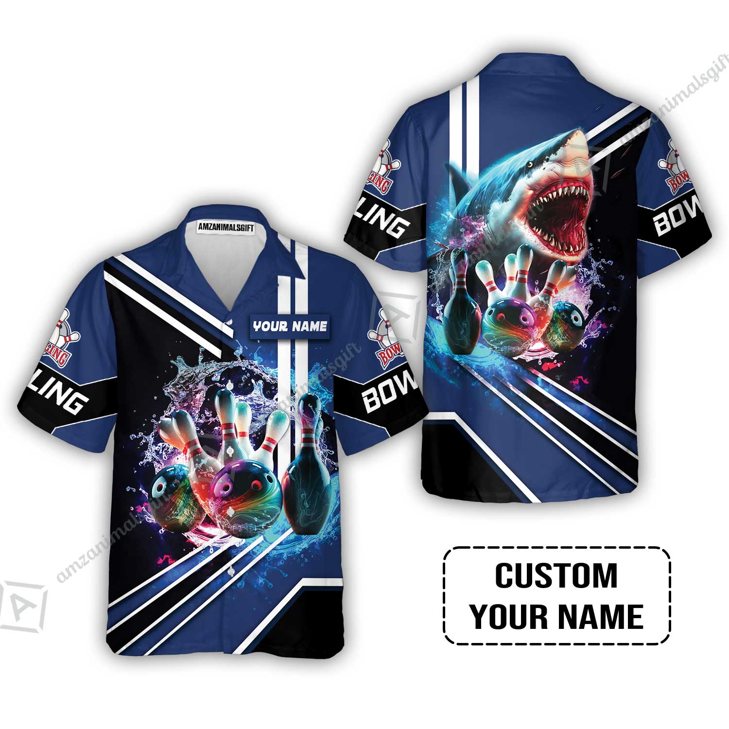 Bowling Custom T-Shirt - Custom Name Shark Team Rainbow Bowling Ball And Pins On Water Personalized T-Shirt - Image 3