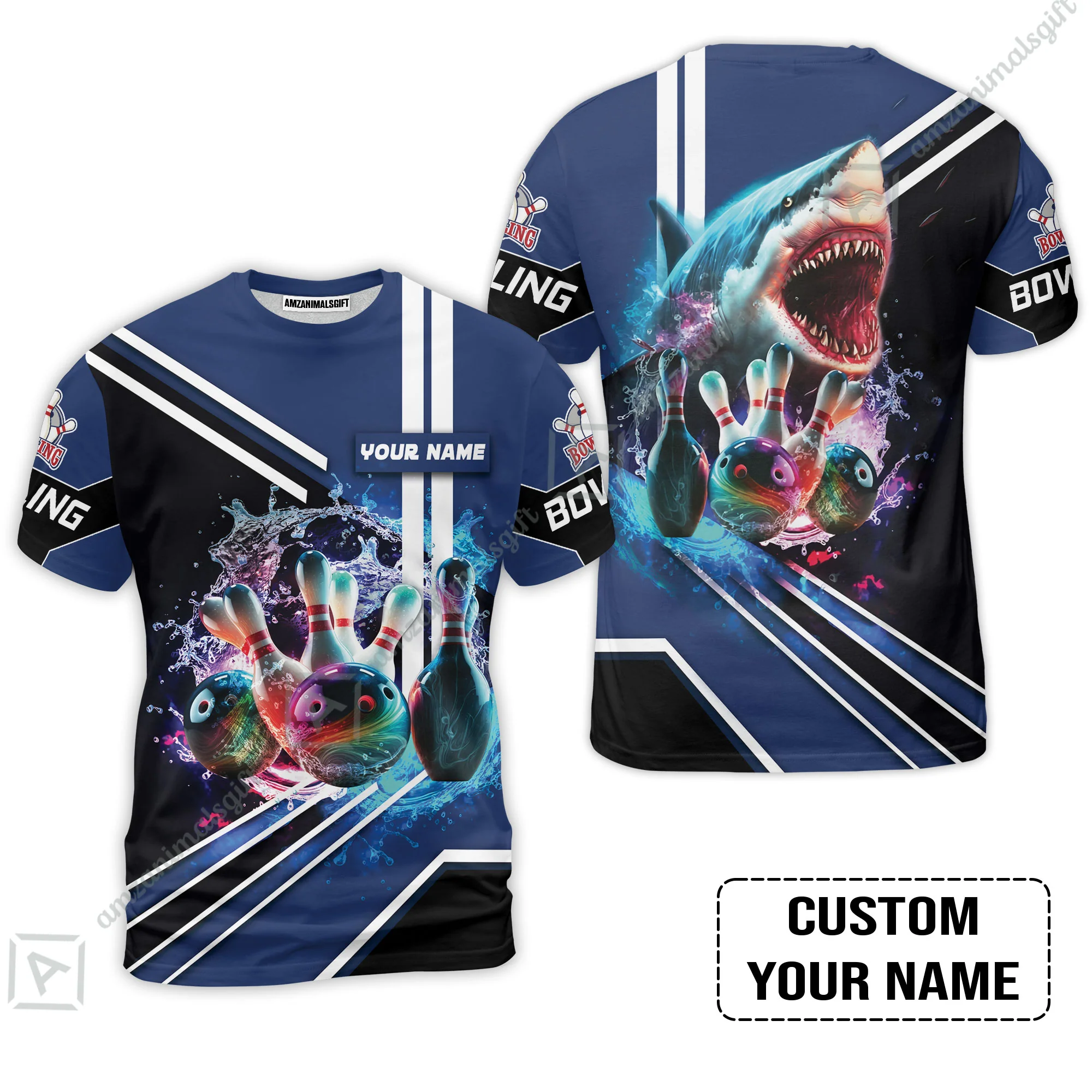Bowling Custom T-Shirt - Custom Name Shark Team Rainbow Bowling Ball And Pins On Water Personalized T-Shirt