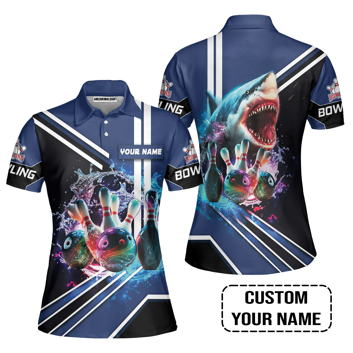 Bowling Custom T-Shirt - Custom Name Shark Team Rainbow Bowling Ball And Pins On Water Personalized T-Shirt - Image 4