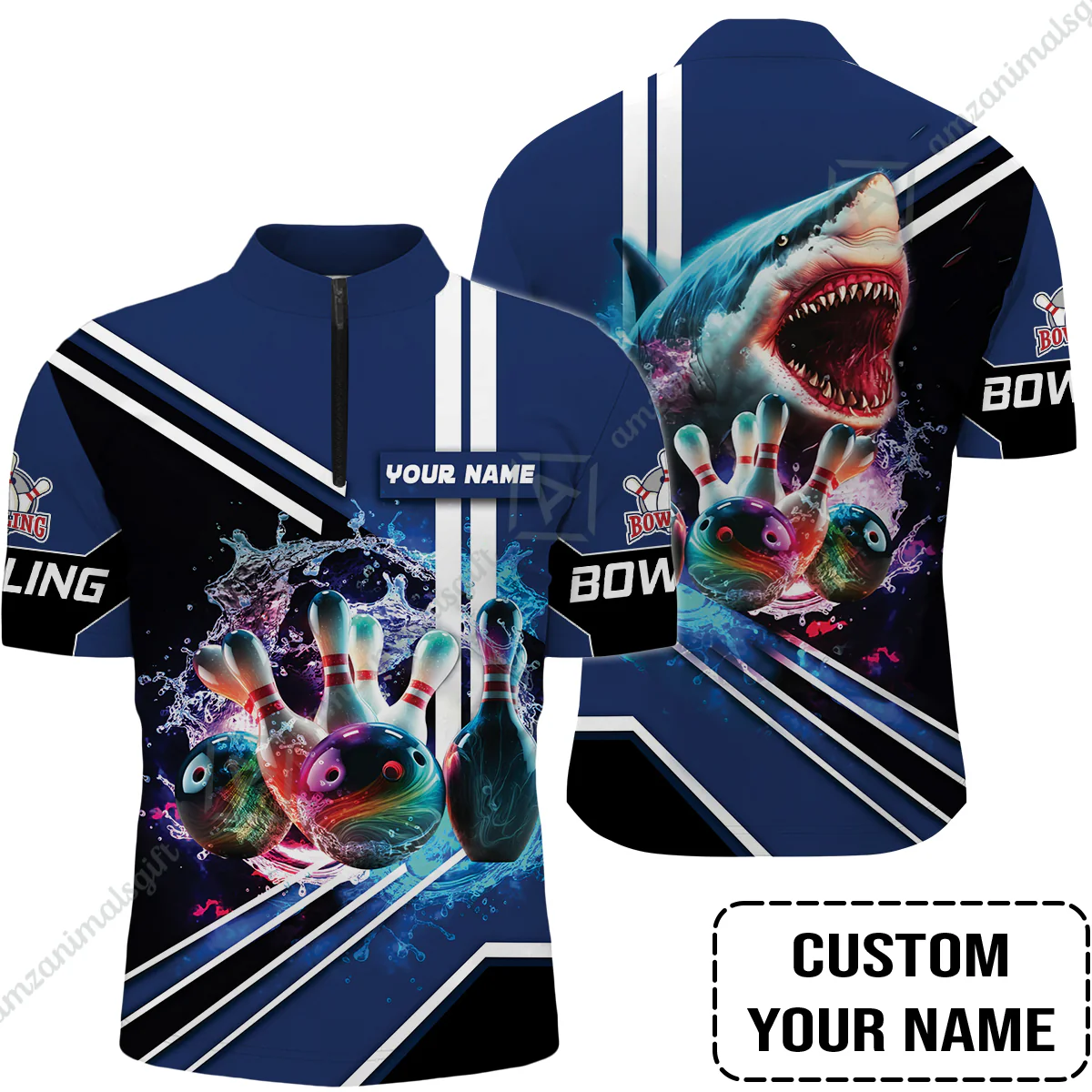 Bowling Custom T-Shirt - Custom Name Shark Team Rainbow Bowling Ball And Pins On Water Personalized T-Shirt - Image 6