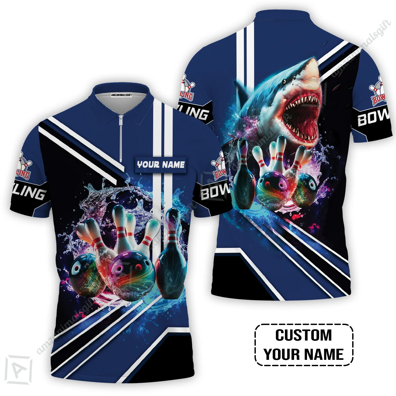 Bowling Custom T-Shirt - Custom Name Shark Team Rainbow Bowling Ball And Pins On Water Personalized T-Shirt - Image 7