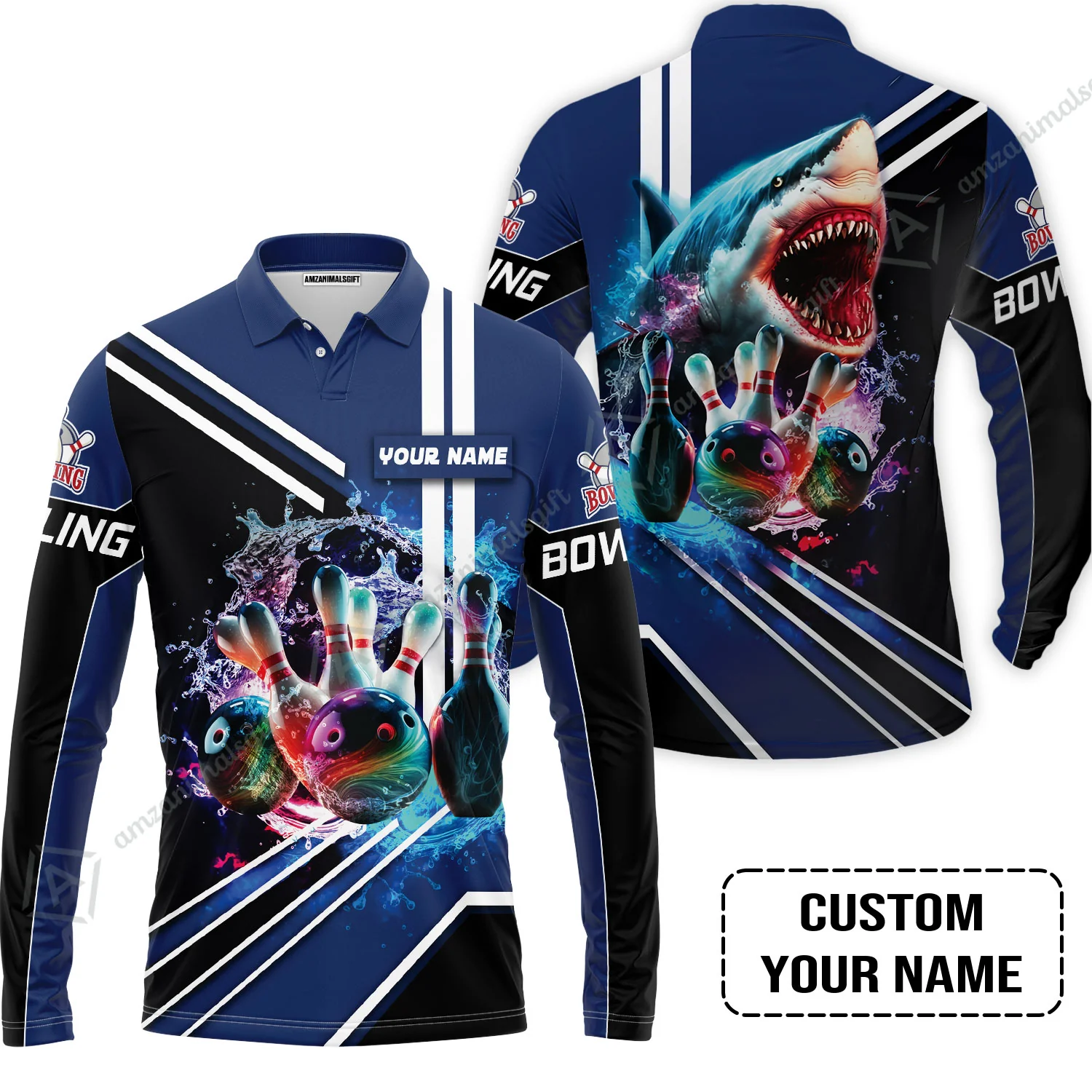 Bowling Custom T-Shirt - Custom Name Shark Team Rainbow Bowling Ball And Pins On Water Personalized T-Shirt - Image 8
