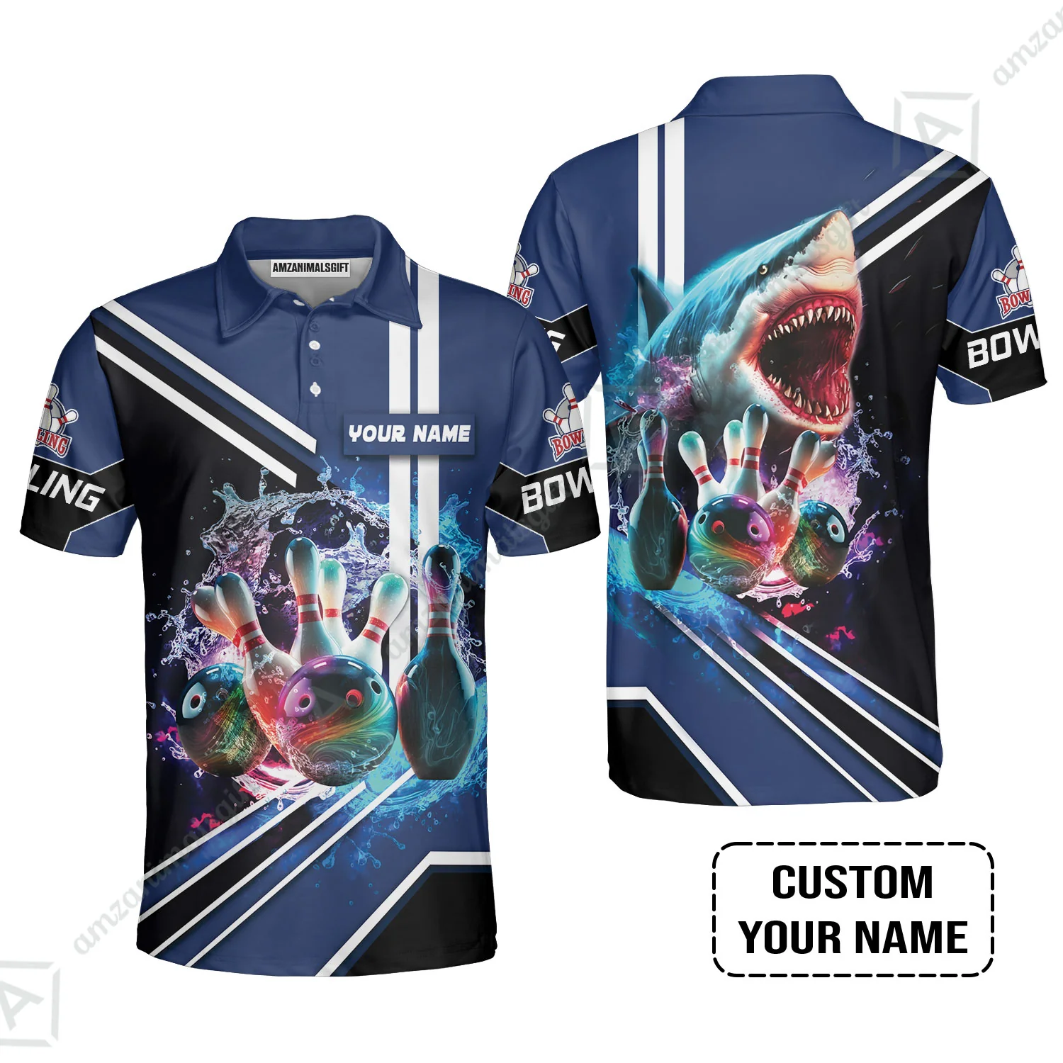 Bowling Custom T-Shirt - Custom Name Shark Team Rainbow Bowling Ball And Pins On Water Personalized T-Shirt - Image 9