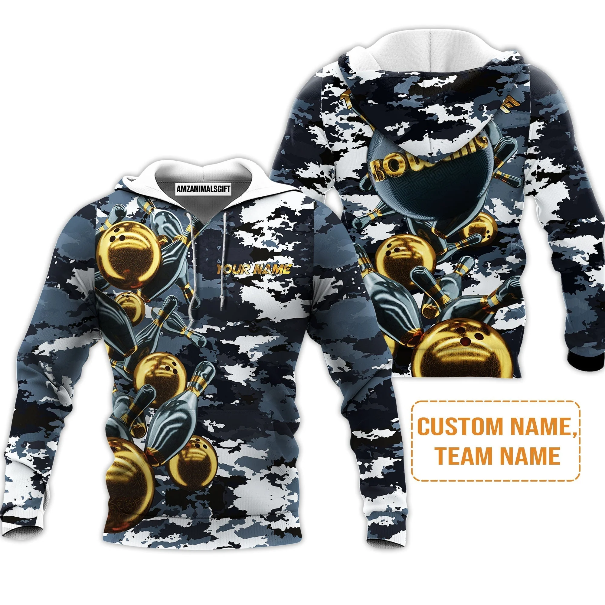 Bowling Custom Hoodie - Camo Navy Bowling Team Custom Bowling Hoodie - Image 2