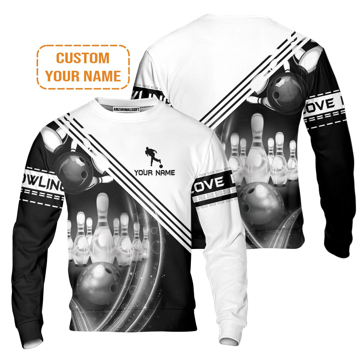 Bowling Custom Hoodie - Custom Name Black And White Bowling Ball In Motion And The Pins Personalized Bowling Hoodie - Image 6
