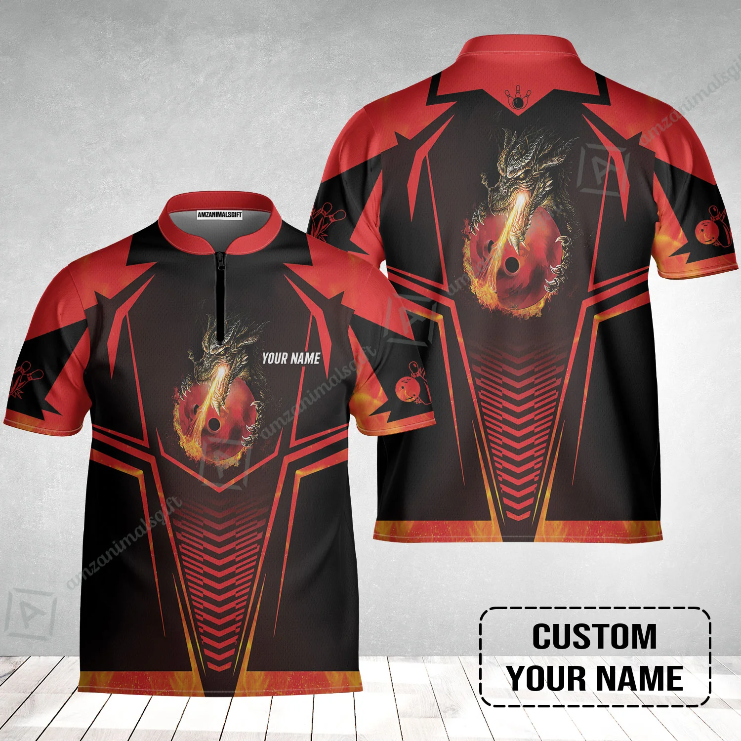 Bowling Custom Jersey, Custom Name Dragon Fire Flame Personalized Bowling Jersey - Image 2