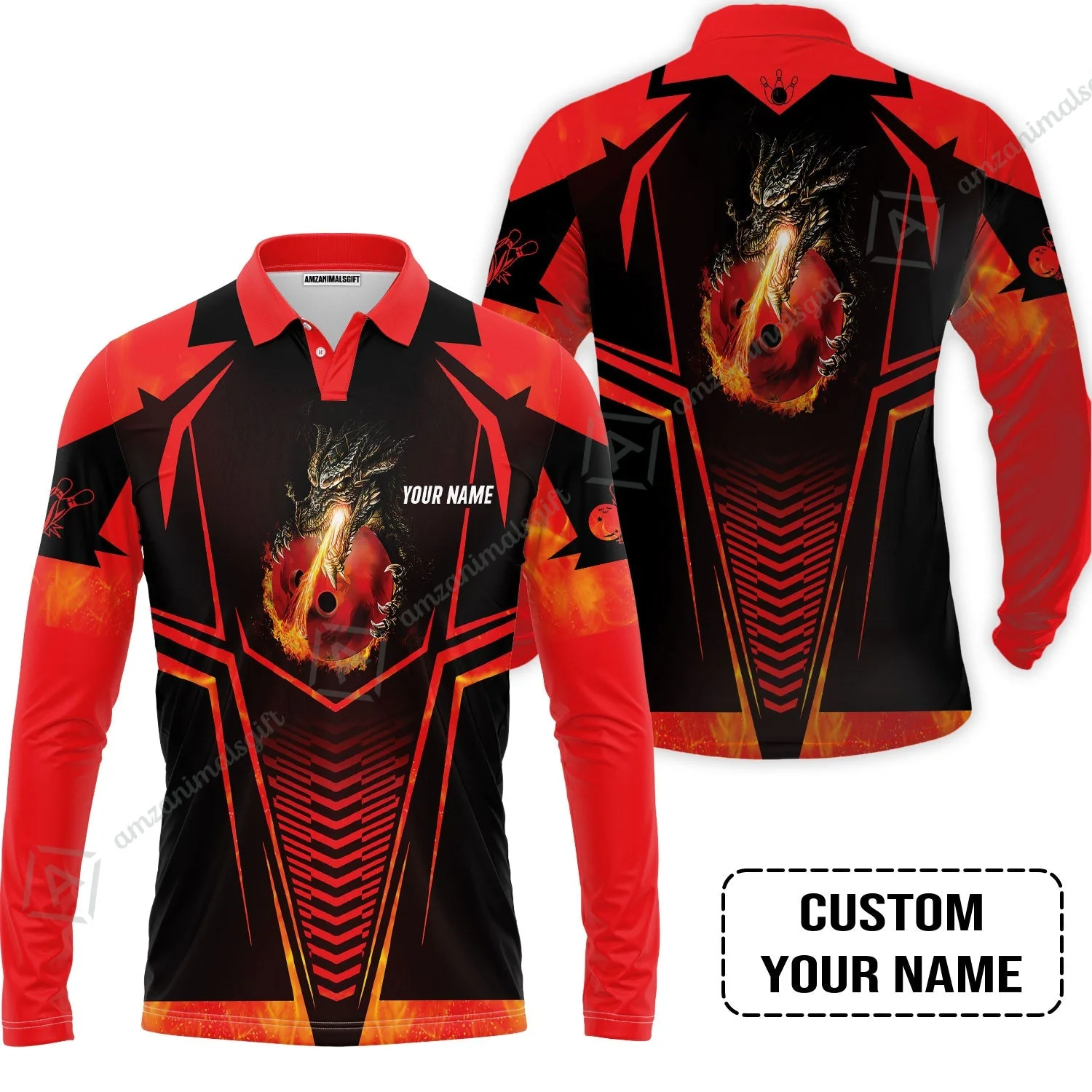 Bowling Custom Jersey, Custom Name Dragon Fire Flame Personalized Bowling Jersey - Image 3