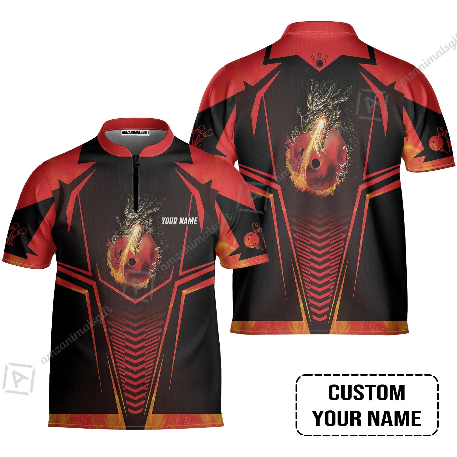 Bowling Custom Long Polo Shirt, Custom Name Dragon Fire Flame Personalized Bowling Long Polo Shirt - Image 4
