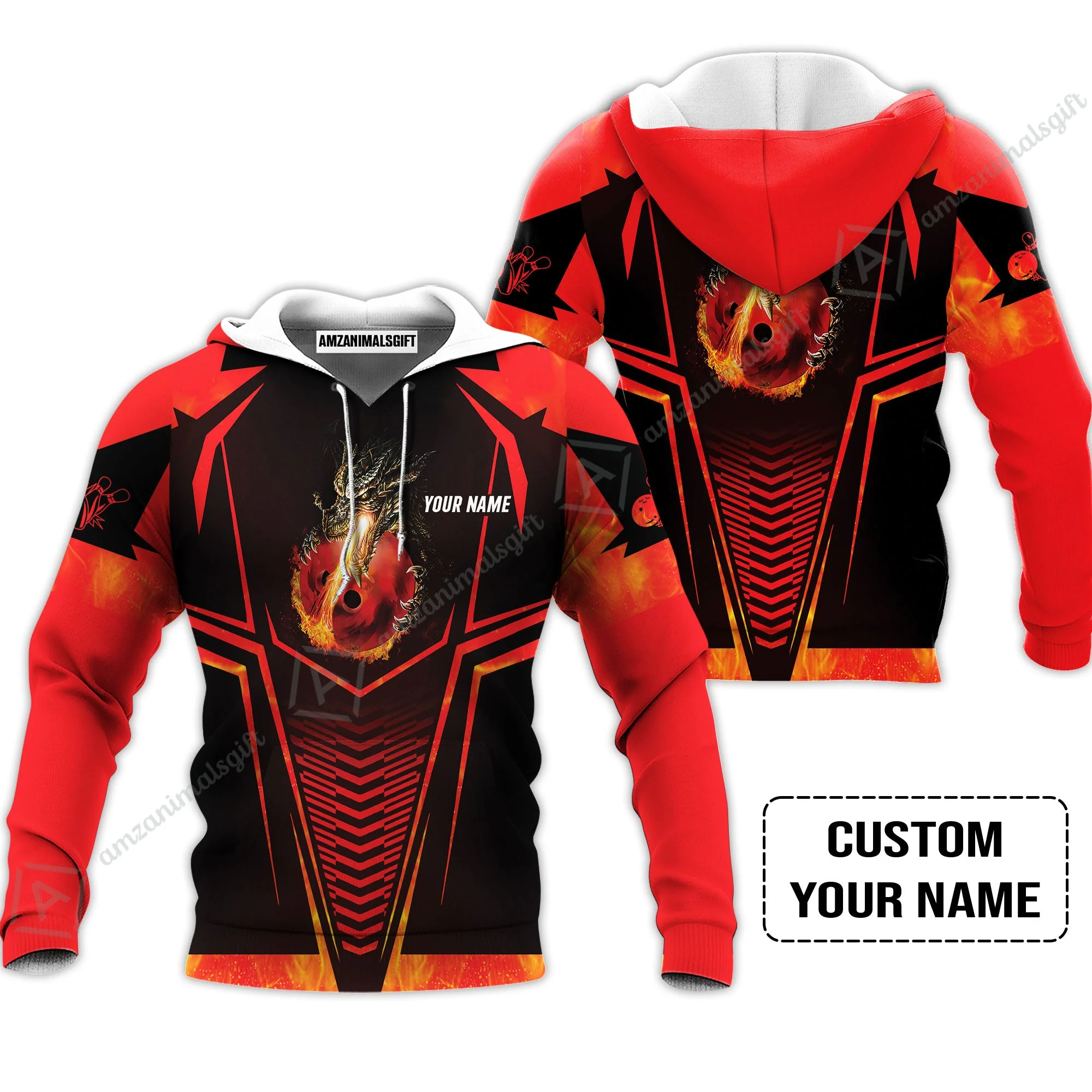 Bowling Custom Long Polo Shirt, Custom Name Dragon Fire Flame Personalized Bowling Long Polo Shirt - Image 5