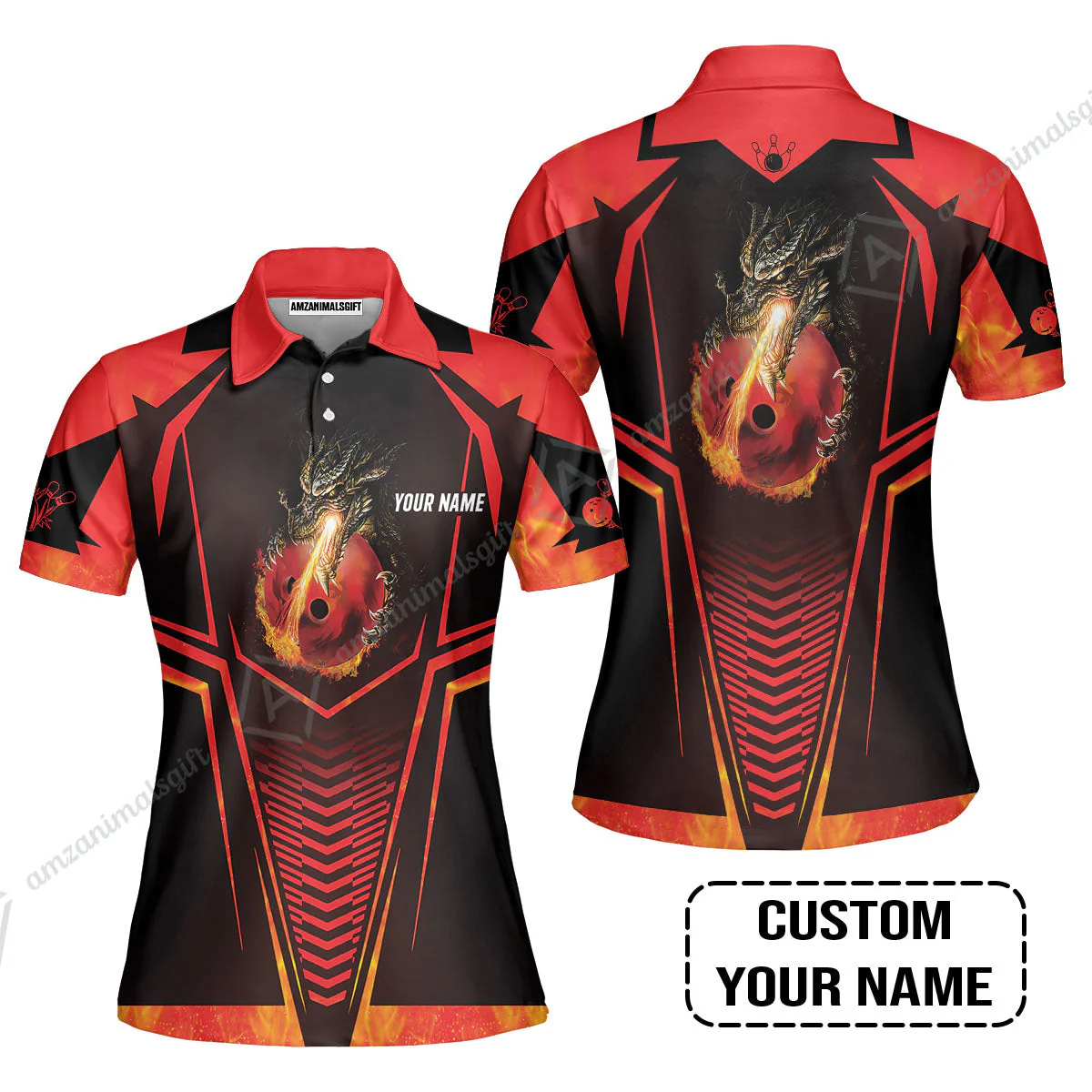 Bowling Custom Long Polo Shirt, Custom Name Dragon Fire Flame Personalized Bowling Long Polo Shirt - Image 6