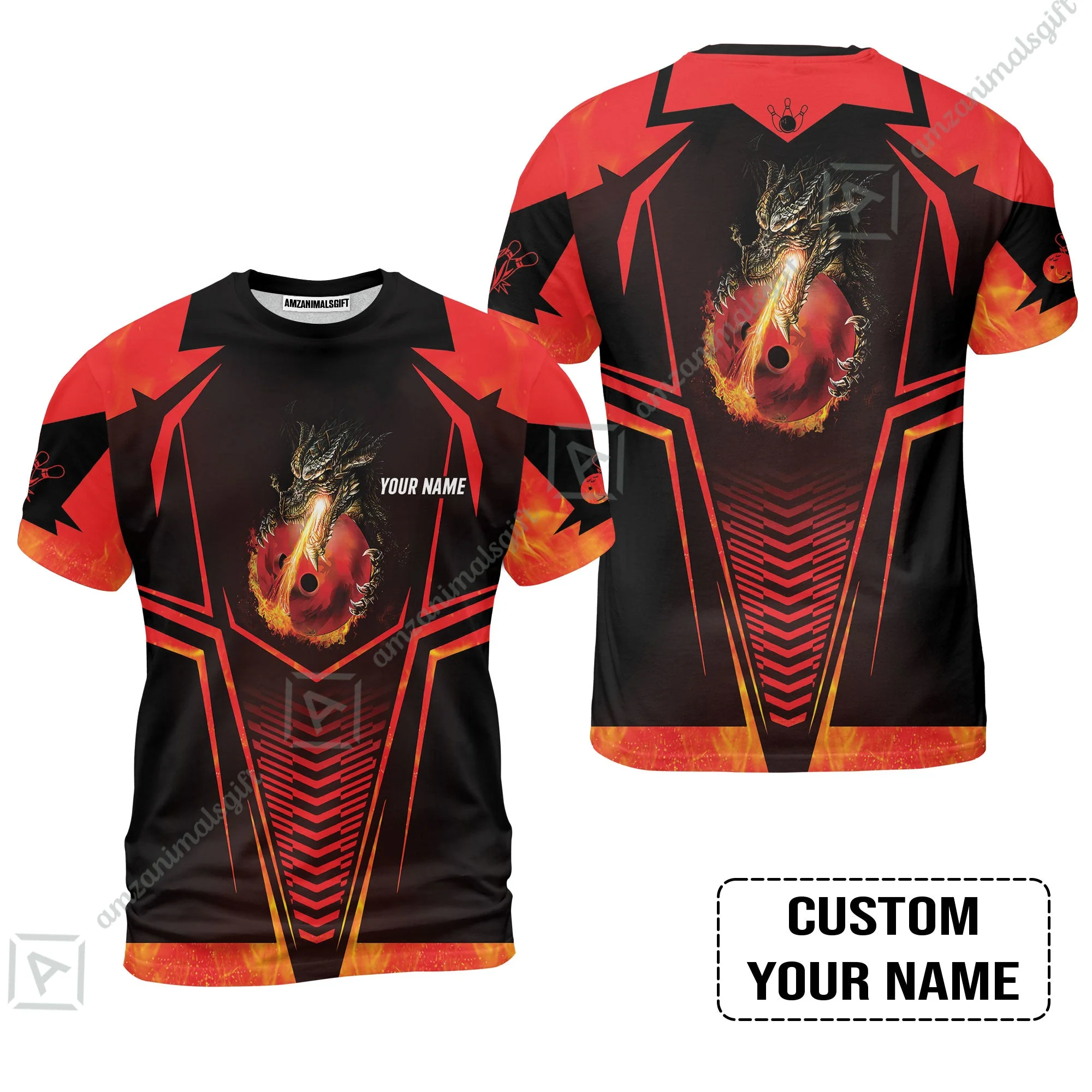 Bowling Custom Long Polo Shirt, Custom Name Dragon Fire Flame Personalized Bowling Long Polo Shirt - Image 8