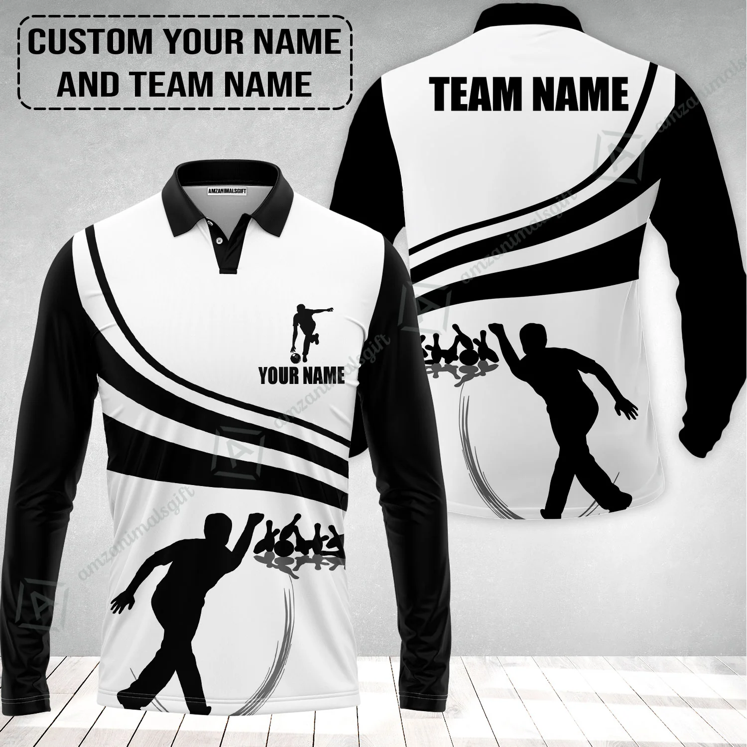 Bowling Custom Long Sleeve Men Polo Shirt - Custom Name Black and Gold Men Bowlers Personalized Bowling Polo Shirt - Image 4