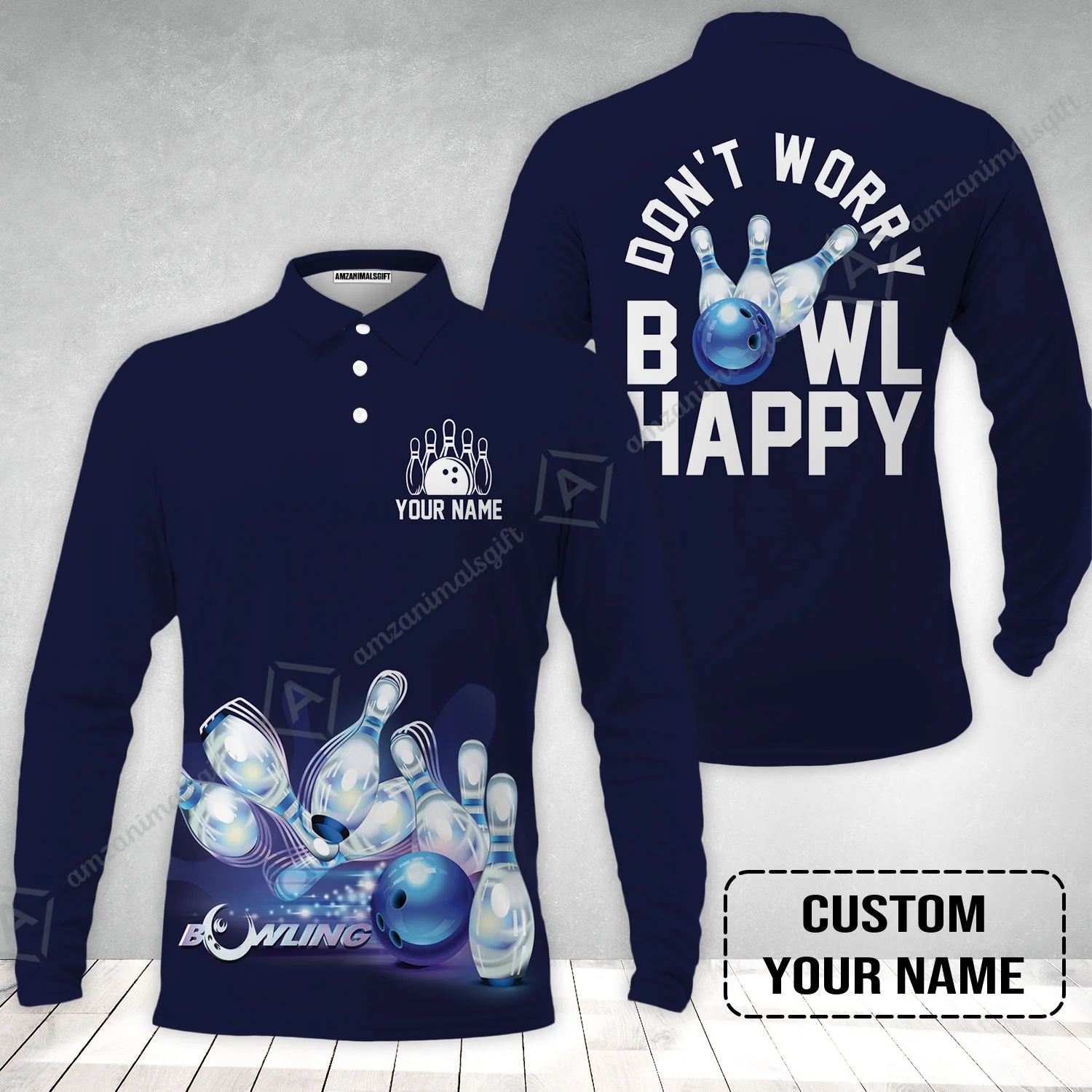 Bowling Custom Long Sleeve Men Polo Shirt - Custom Name Polo Shirt, Don't Worry Bowl Happy Personalized Bowling Polo Shirt - Gift For Friend, Family, Bowling Lovers - Image 2