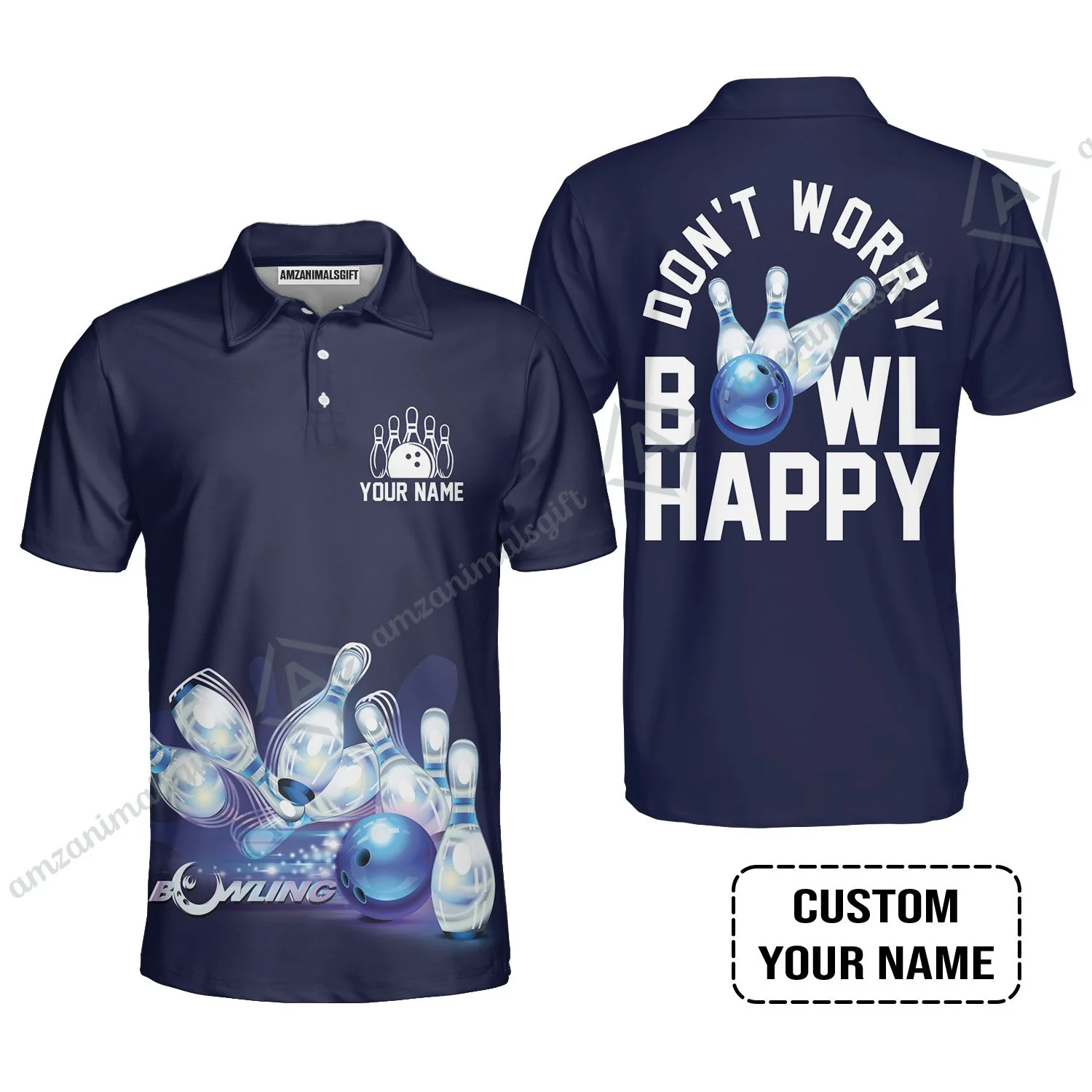 Bowling Custom Long Sleeve Men Polo Shirt - Custom Name Polo Shirt, Don't Worry Bowl Happy Personalized Bowling Polo Shirt - Gift For Friend, Family, Bowling Lovers - Image 3