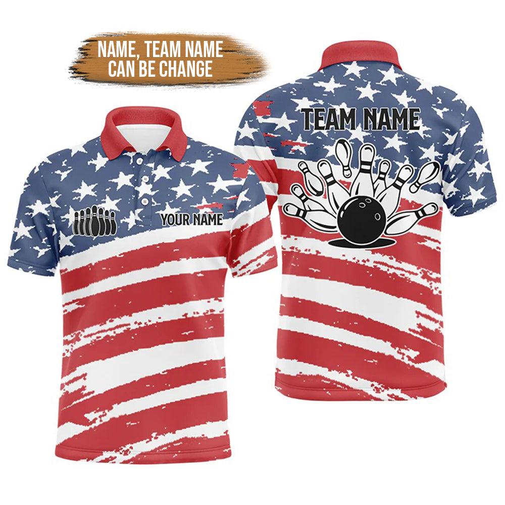 Bowling Custom Men Polo Shirt - Custom Name American Flag Patriotic Personalized BowlingPolo Shirt - Perfect Gift For Friend, Family