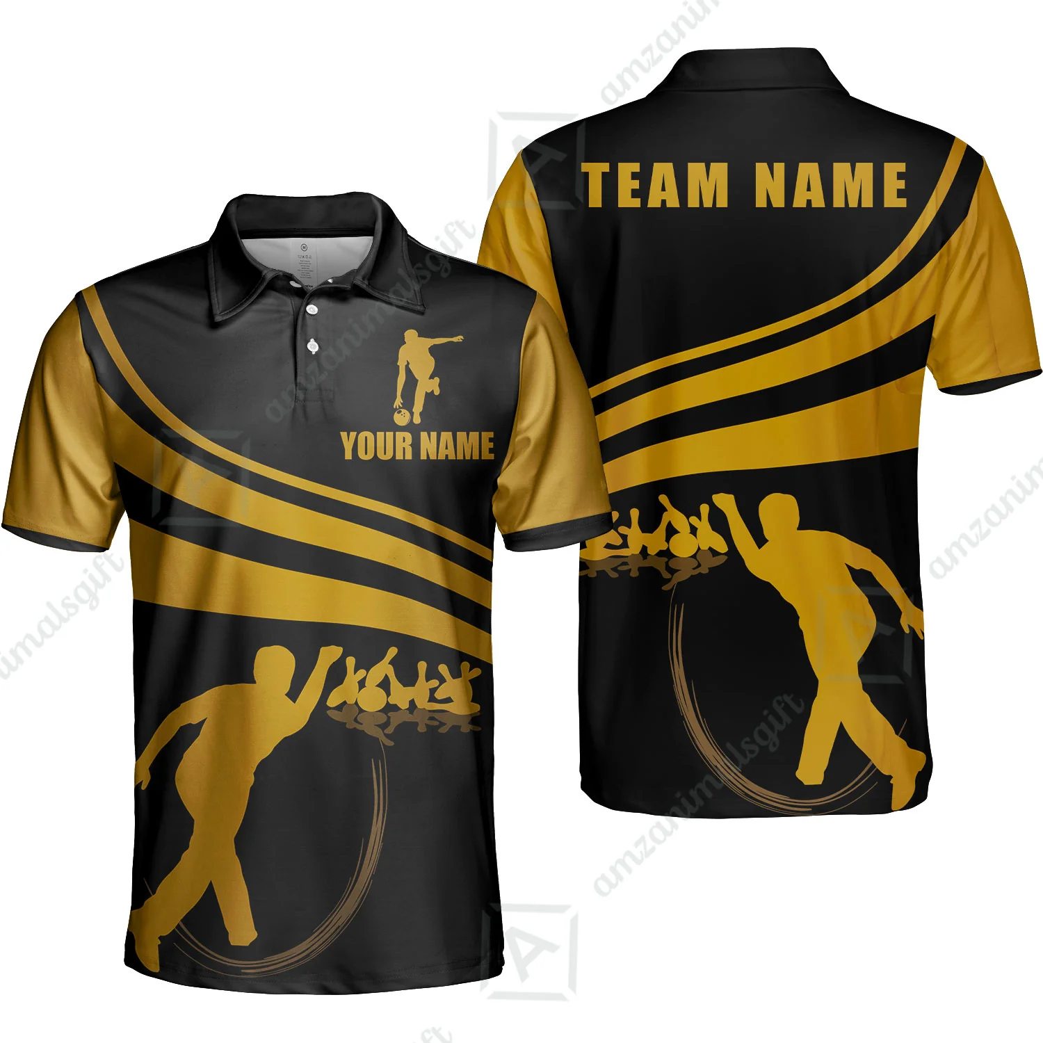 Bowling Custom Men Polo Shirt - Custom Name Black and Gold Men Bowlers Personalized Bowling Polo Shirt - Image 2