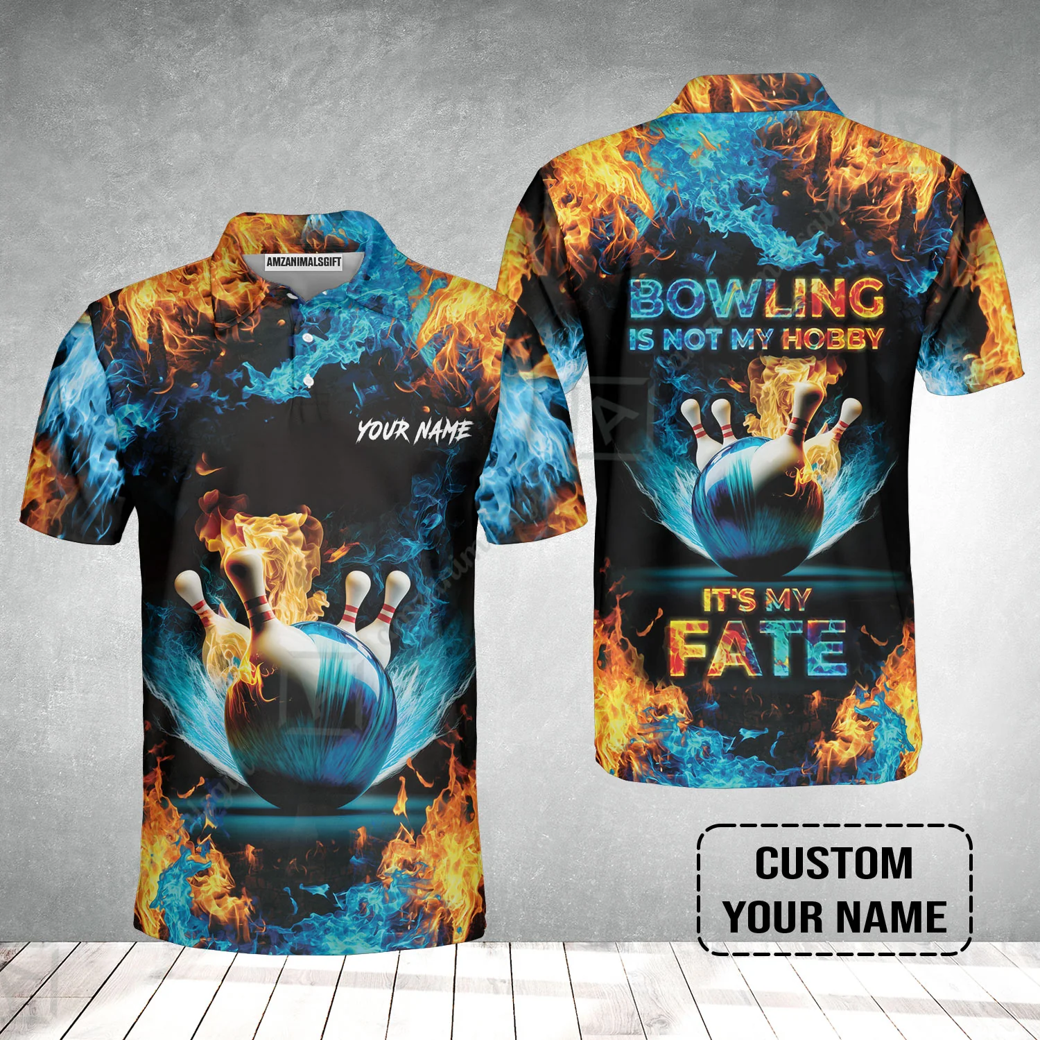 Bowling Custom Men Polo Shirt - Custom Name Blue Bowling Ball And Pins On Fire Personalized Bowling Polo Shirt - Image 2