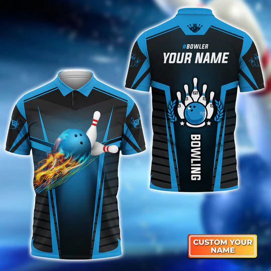 Bowling Custom Men Polo Shirt - Custom Name Bowler The Blue Bowling Ball in Flames Breaks White Skittles Personalized Bowling Polo Shirt - Perfect Gift For Friend, Family - Image 2
