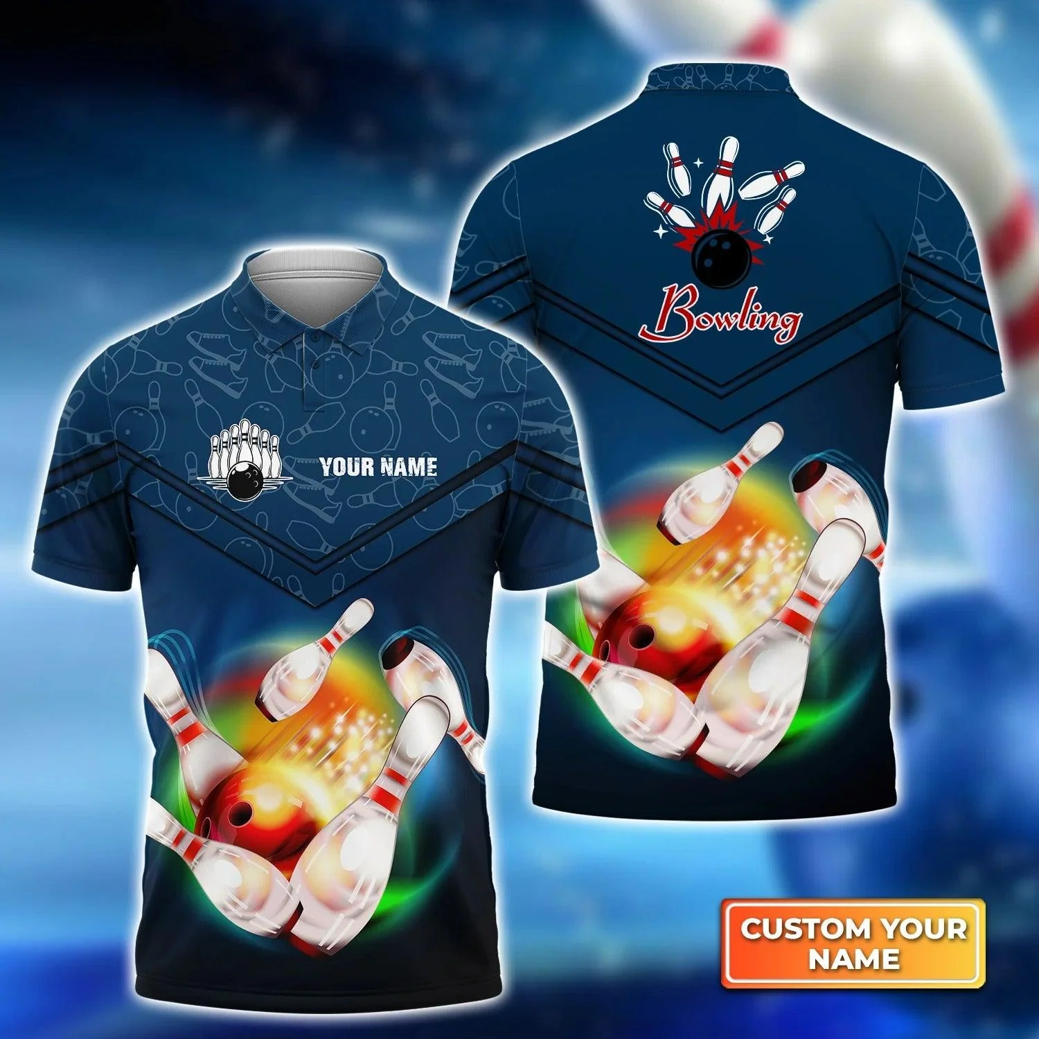Bowling Custom Men Polo Shirt - Custom Name Bowling Ball Flying Rainbow Fire Personalized Bowling Polo Shirt - Perfect Gift For Friend, Family