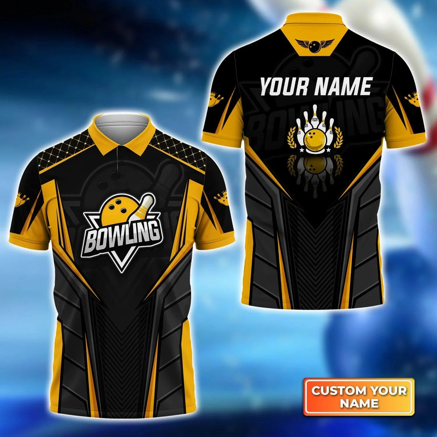 Bowling Custom Men Polo Shirt - Custom Name Bowling Pin And Bowl Ball Yellow Personalized Bowling Polo Shirt - Perfect Gift For Friend, Family - Image 2