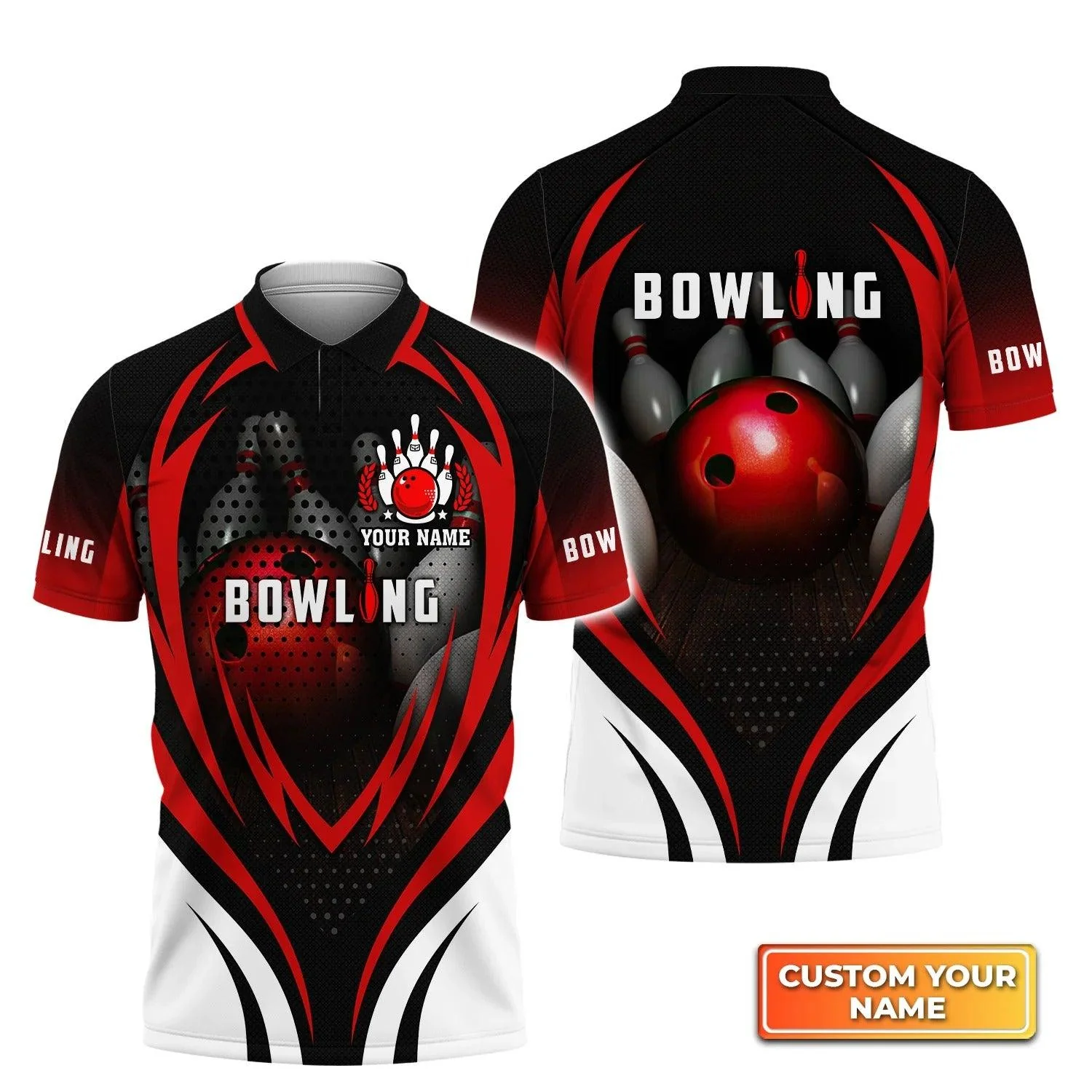 Bowling Custom Men Polo Shirt - Custom Name Bowling With Red Ball and Bowl Pins Personalized Bowling Polo Shirt - Perfect Gift For Friend, Family
