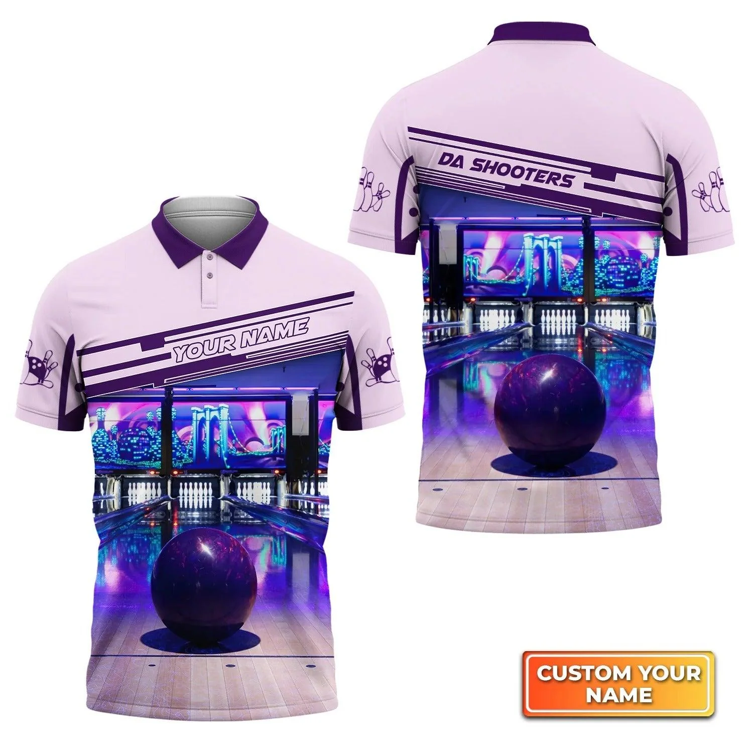Bowling Custom Men Polo Shirt - Custom Name DA SHOOTERS Purple Bowling Ball Personalized Bowling Polo Shirt - Perfect Gift For Friend, Family - Image 2