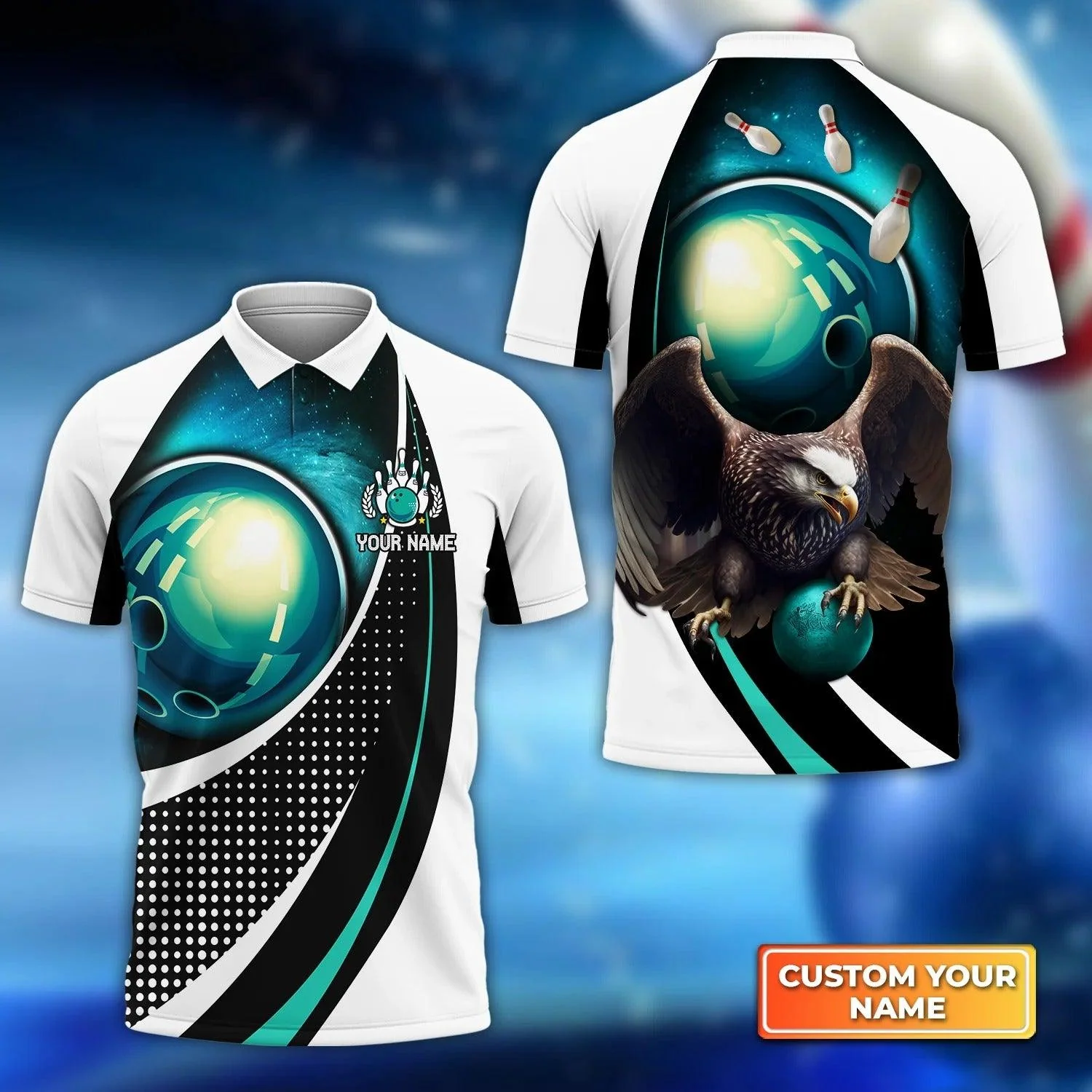 Bowling Custom Men Polo Shirt - Custom Name Eagle Bowling Team Blue Bowling Ball Personalized Bowling Polo Shirt - Perfect Gift For Friend, Family