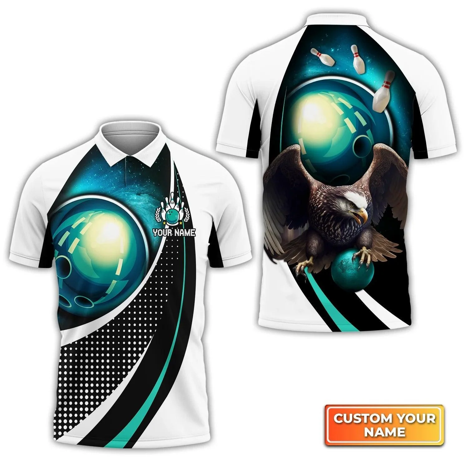 Bowling Custom Men Polo Shirt - Custom Name Eagle Bowling Team Blue Bowling Ball Personalized Bowling Polo Shirt - Perfect Gift For Friend, Family - Image 3