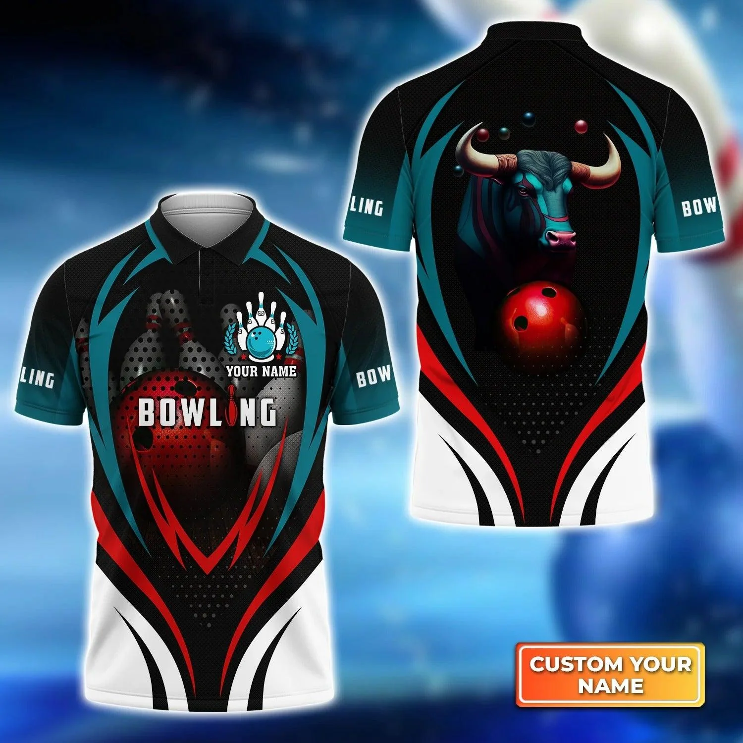 Bowling Custom Men Polo Shirt - Custom Name Eagle Bowling Team With Red Ball Turquoise Personalized Bowling Polo Shirt - Perfect Gift For Friend, Family