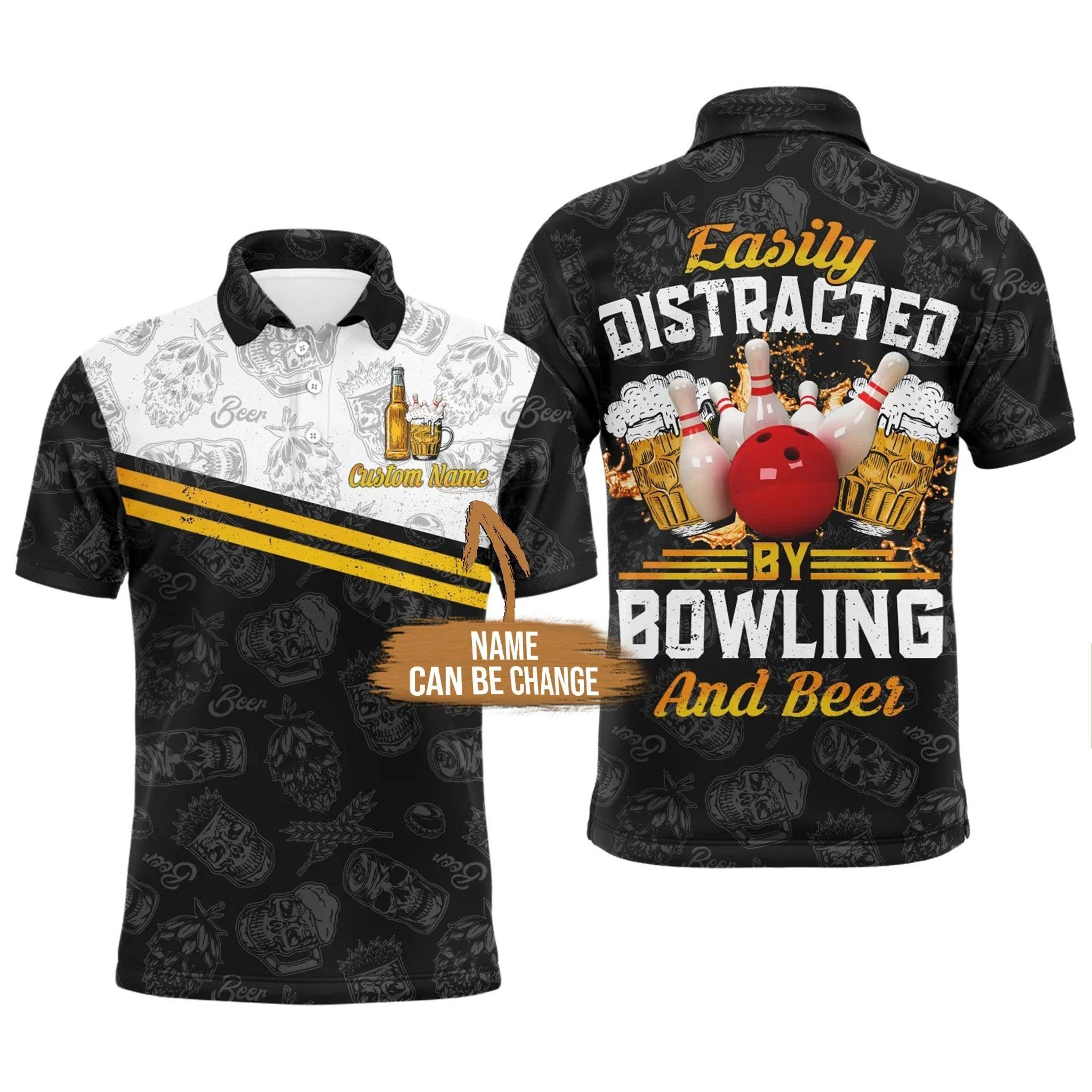 Bowling Custom Men Polo Shirt - Custom Name Easily Distracted By Bowling and Beer Personalized Bowling Polo Shirt - Gift For Friend, Family